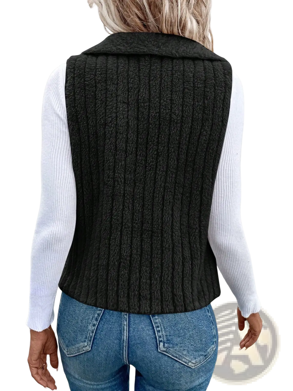 Black ribbed knit vest with waterfall collar and textured vertical stitching suitable for outerwear layering