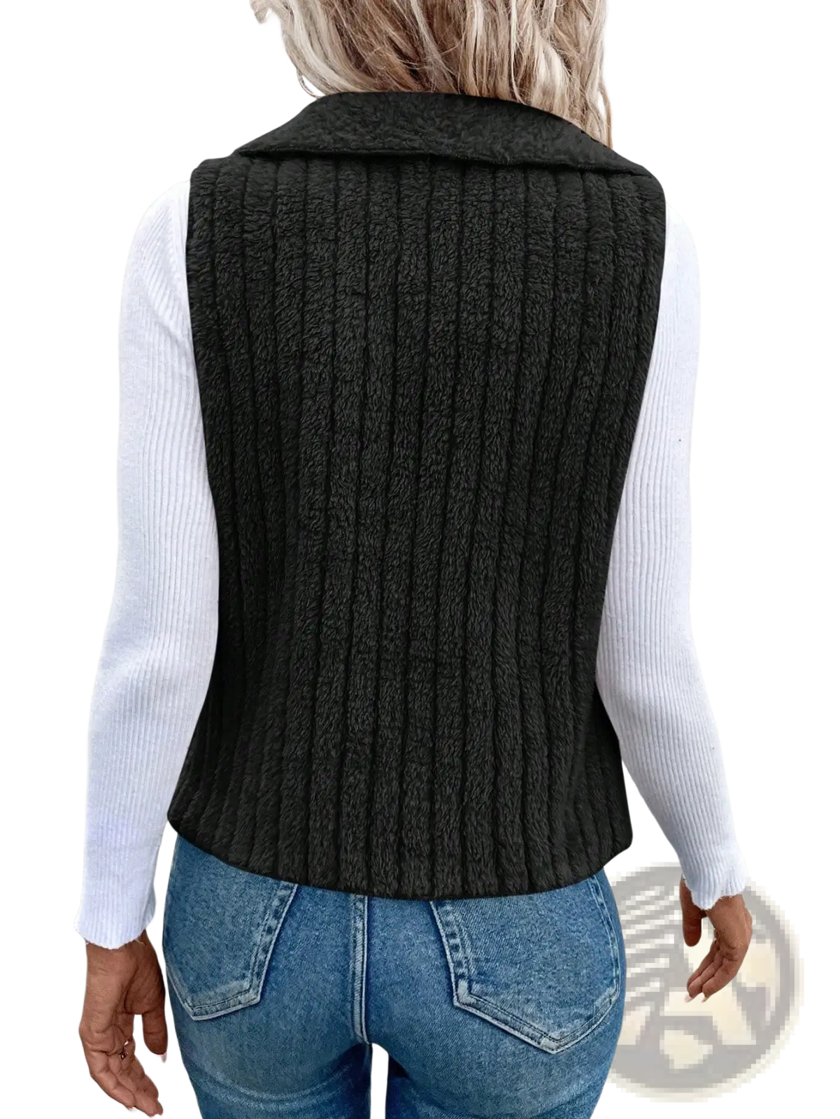 Black ribbed knit vest with waterfall collar and textured vertical stitching suitable for outerwear layering
