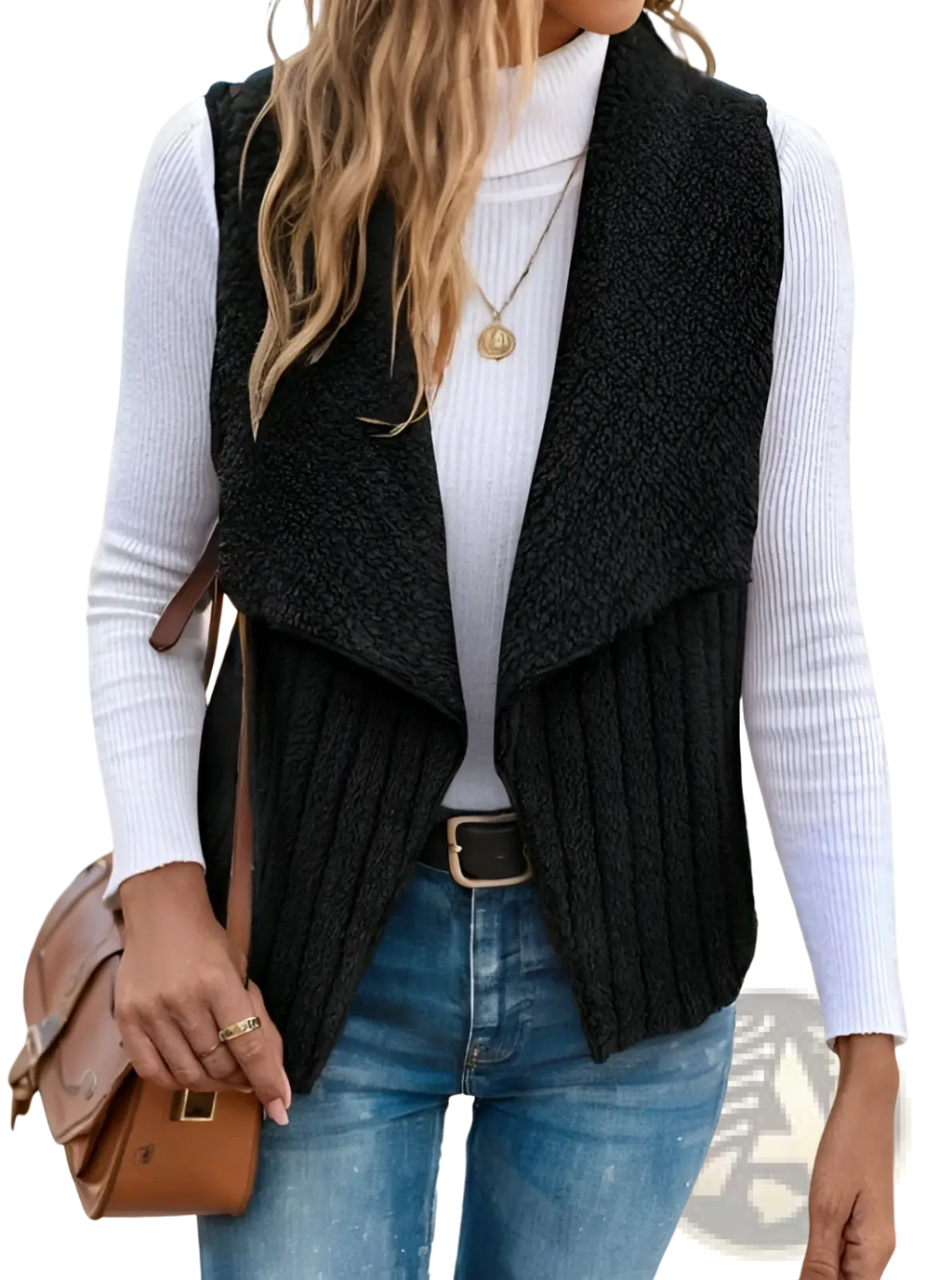 Black waterfall collar knit vest with ribbed detailing and textured fabric featuring a draped front design