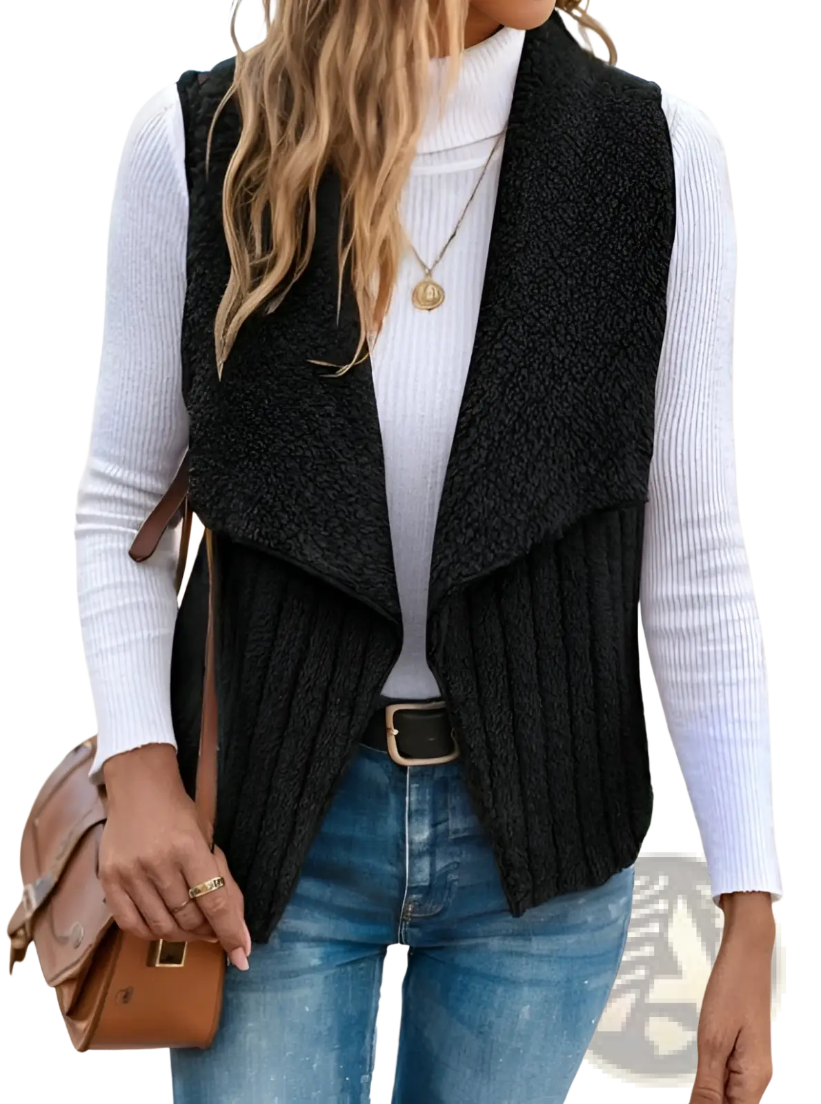 Black waterfall collar knit vest with ribbed detailing and textured fabric featuring a draped front design
