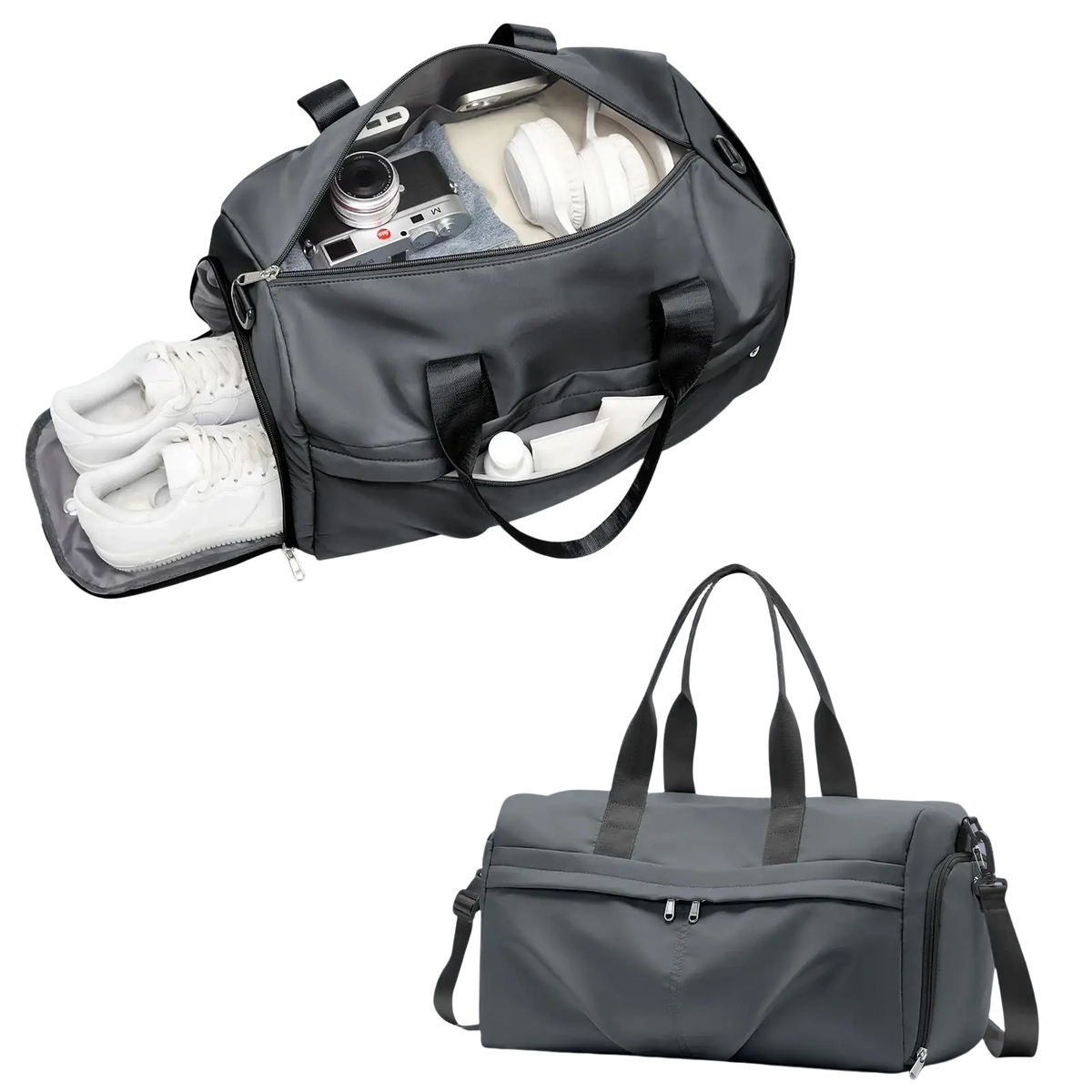 Black waterproof gym bag with multiple compartments and detachable shoulder strap for organized storage and easy carrying