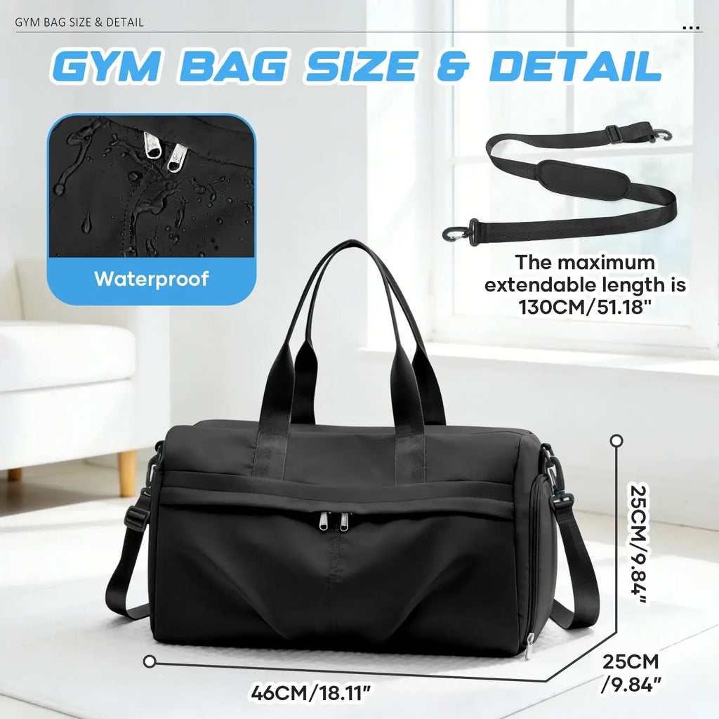 Black waterproof gym bag with shoe compartment featuring adjustable shoulder strap and top handles for easy carrying