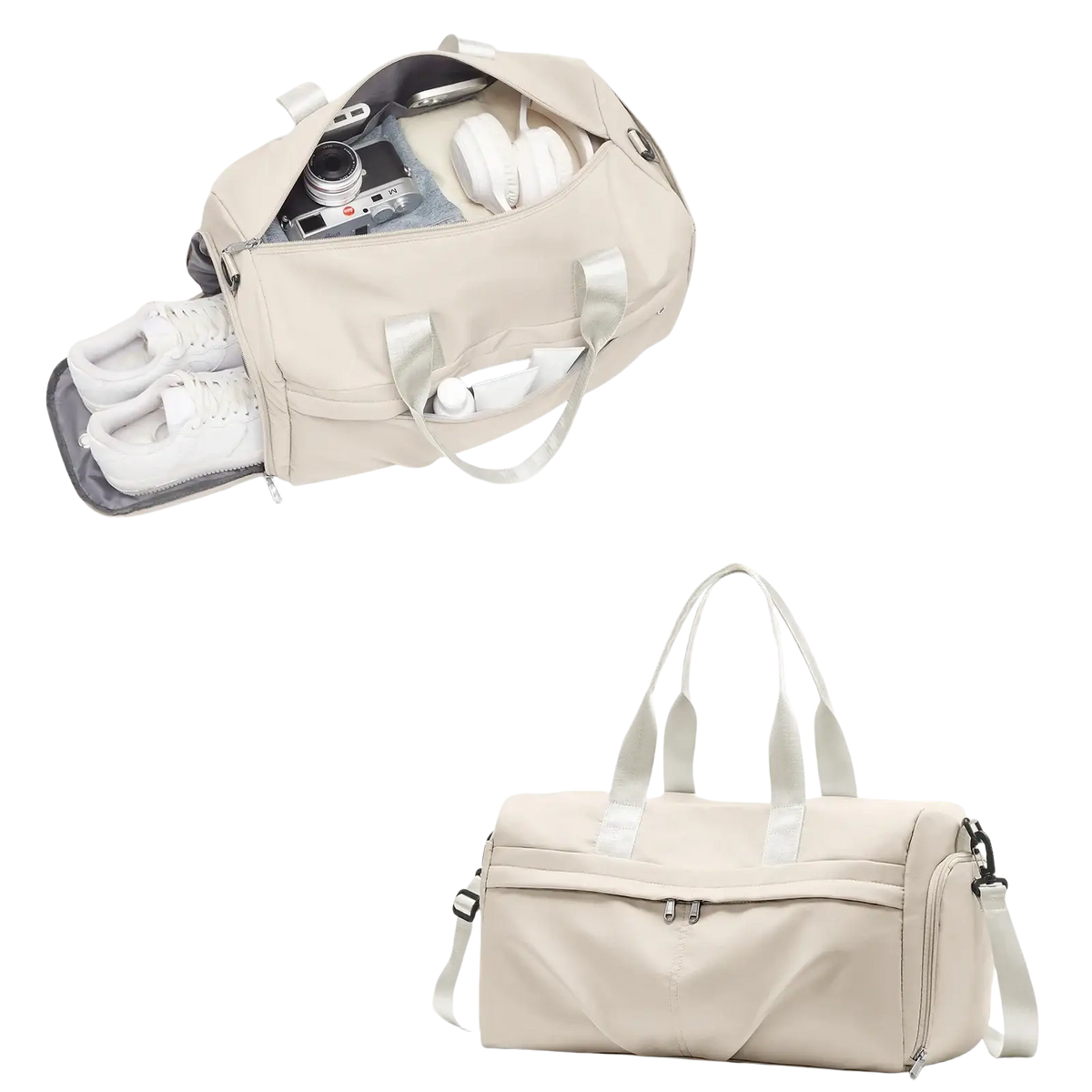 Beige sporty gym bag with multiple compartments and a detachable shoulder strap suitable for fitness use