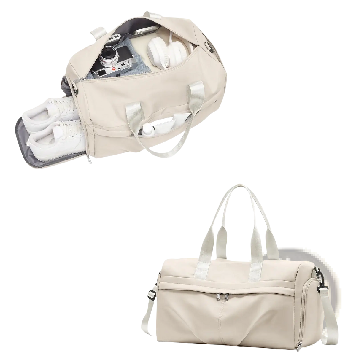 Beige sporty gym bag with multiple compartments and a detachable shoulder strap suitable for fitness use