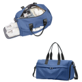 Blue gym bag with black handles and detachable shoulder strap featuring shoe compartment and large internal space