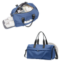 Blue gym bag with black handles and detachable shoulder strap featuring shoe compartment and large internal space