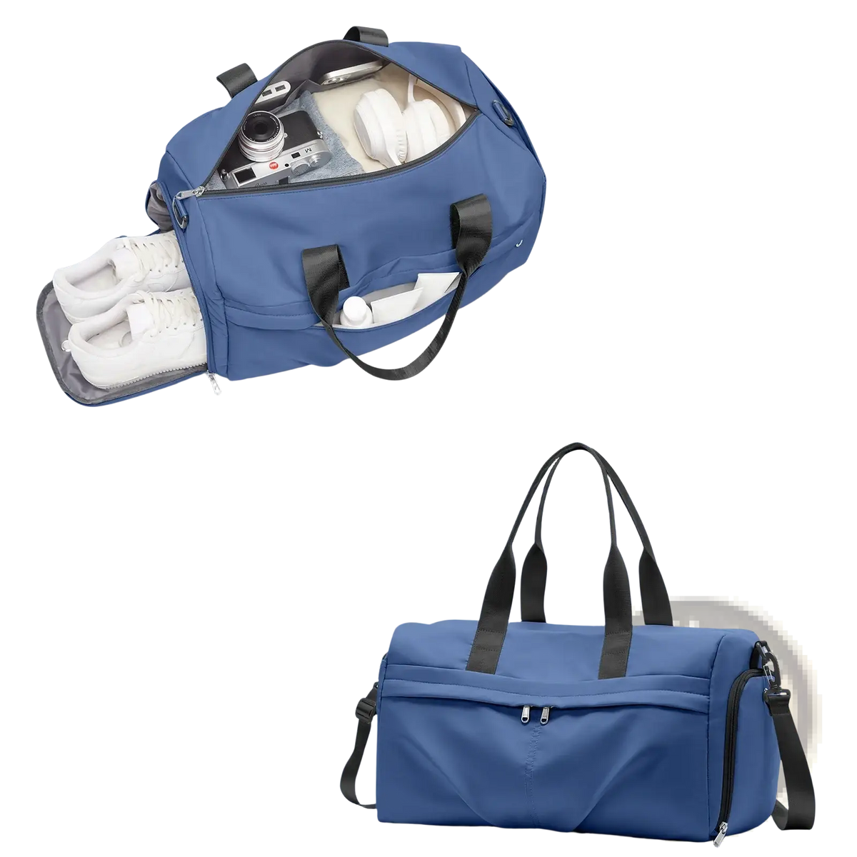Blue gym bag with black handles and detachable shoulder strap featuring shoe compartment and large internal space