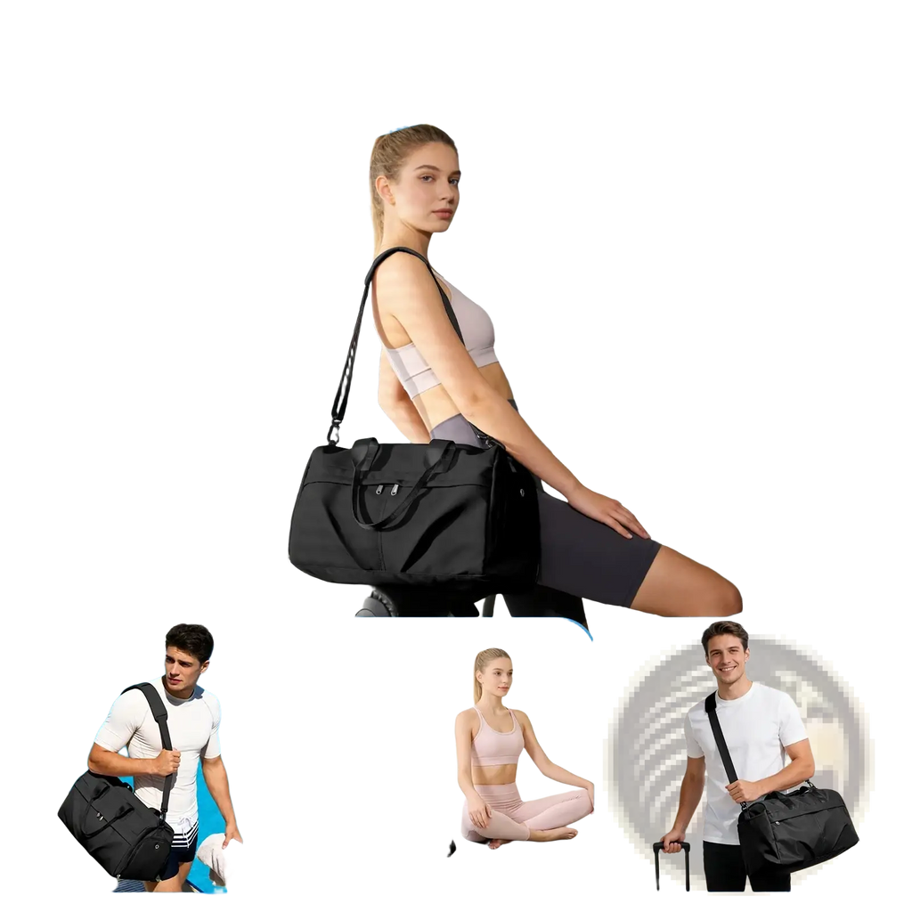 Black durable waterproof sport duffel bag with adjustable shoulder strap top handles and shoe compartment for gym use