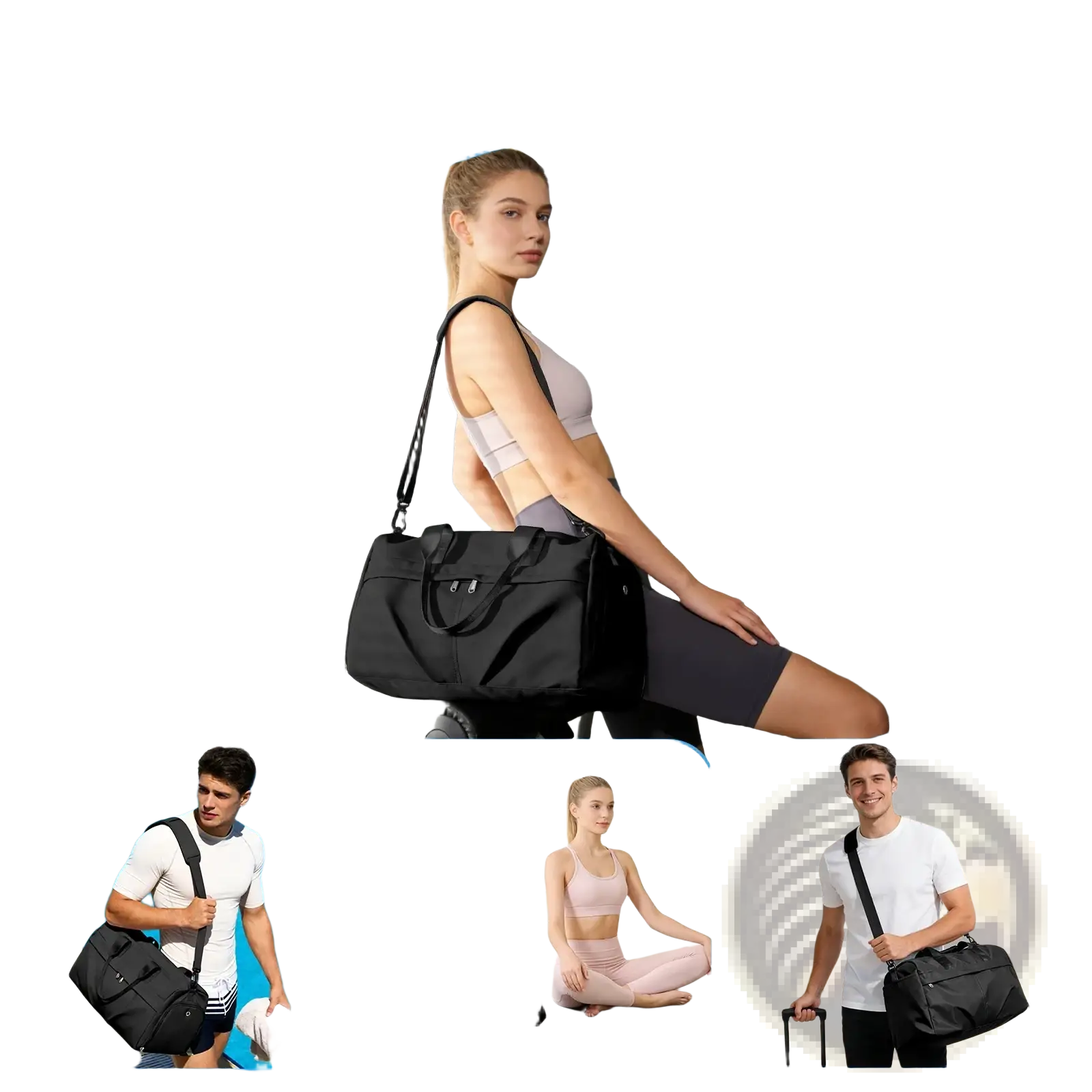Black durable waterproof sport duffel bag with adjustable shoulder strap top handles and shoe compartment for gym use