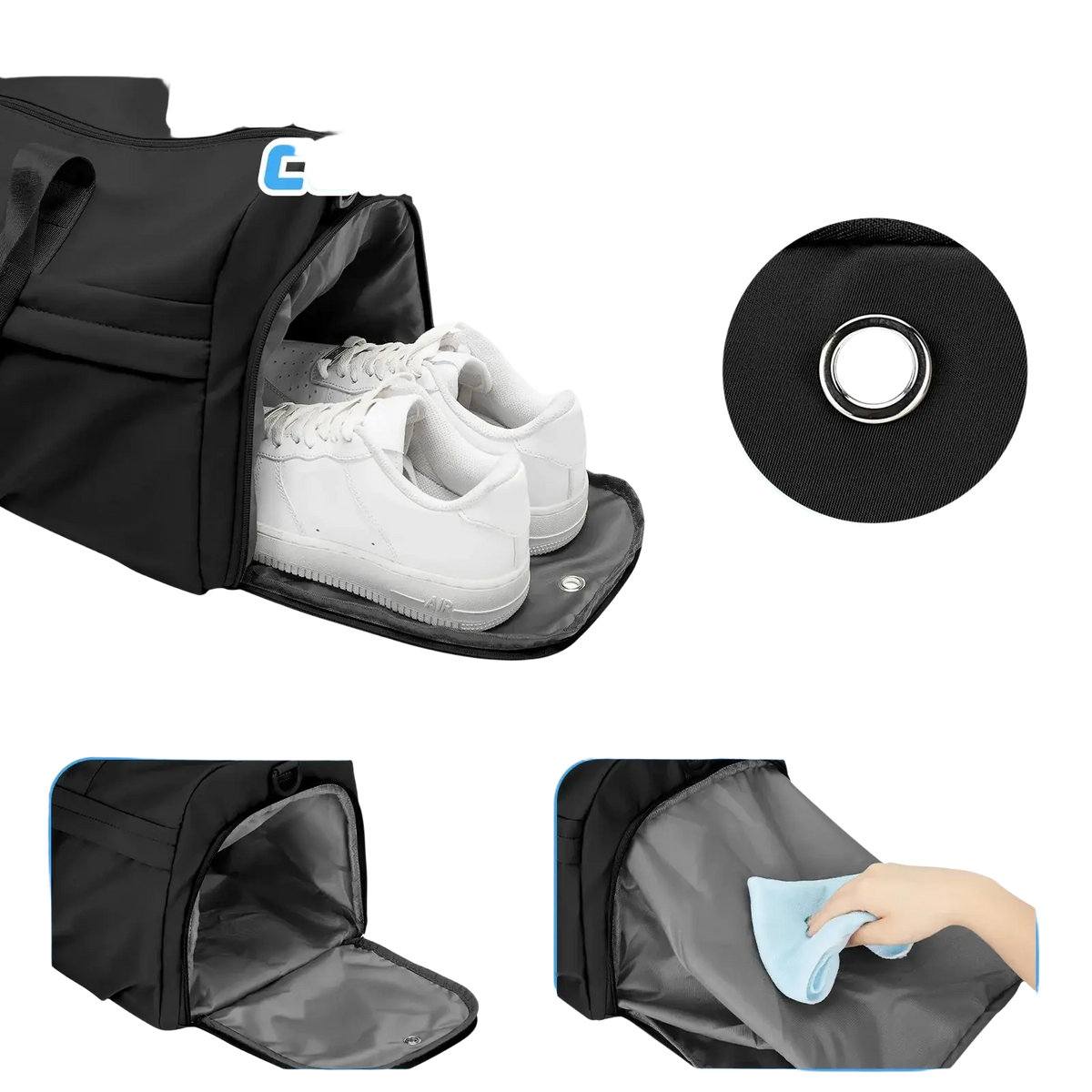 Black waterproof gym bag with shoe compartment featuring black fabric and an independent section for white sneakers