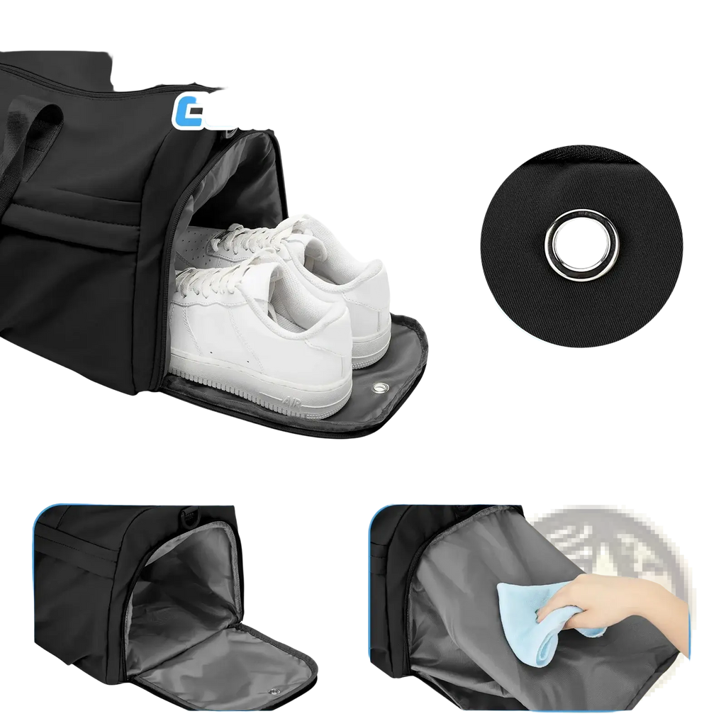 Black waterproof gym bag with shoe compartment featuring black fabric and an independent section for white sneakers