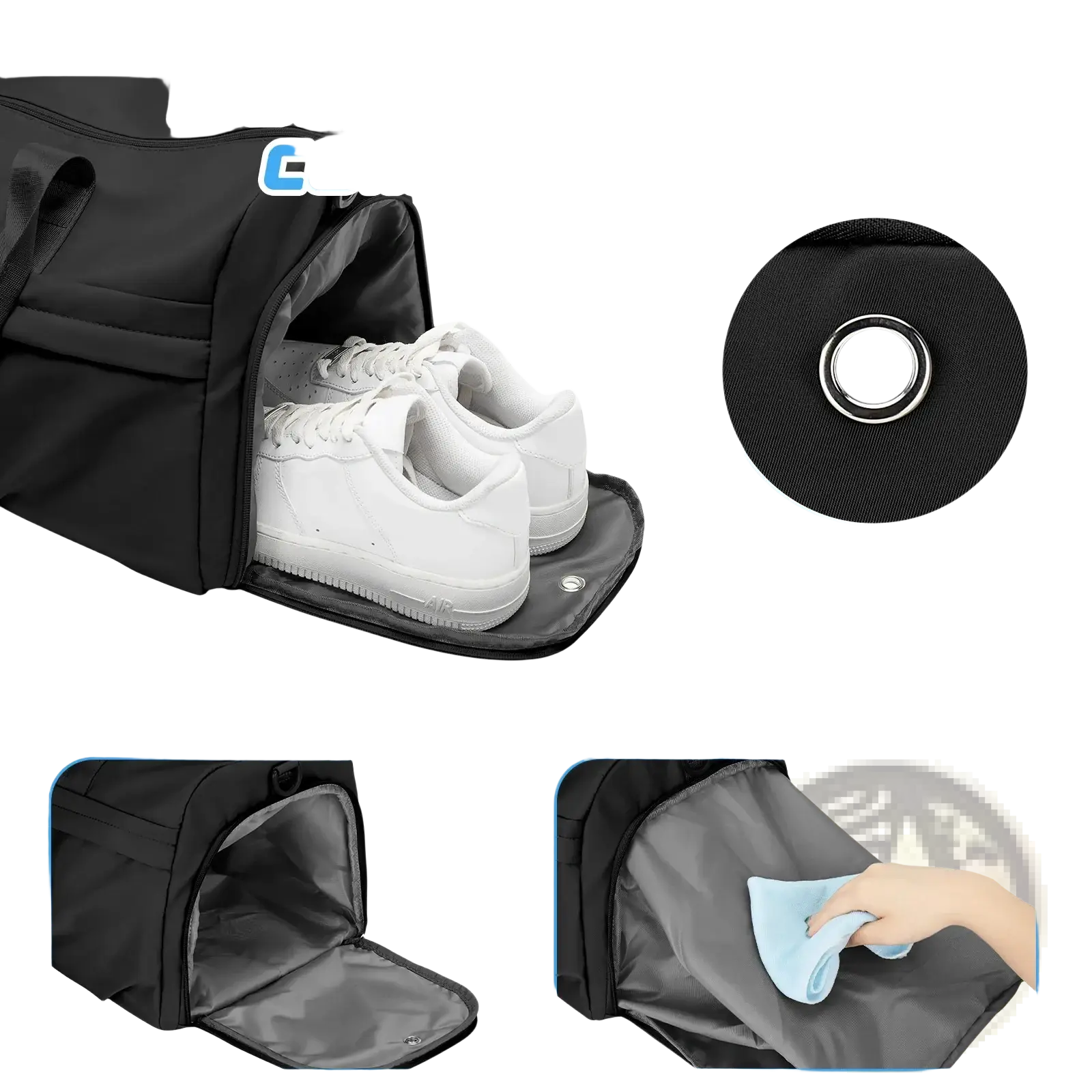 Black waterproof gym bag with shoe compartment featuring black fabric and an independent section for white sneakers