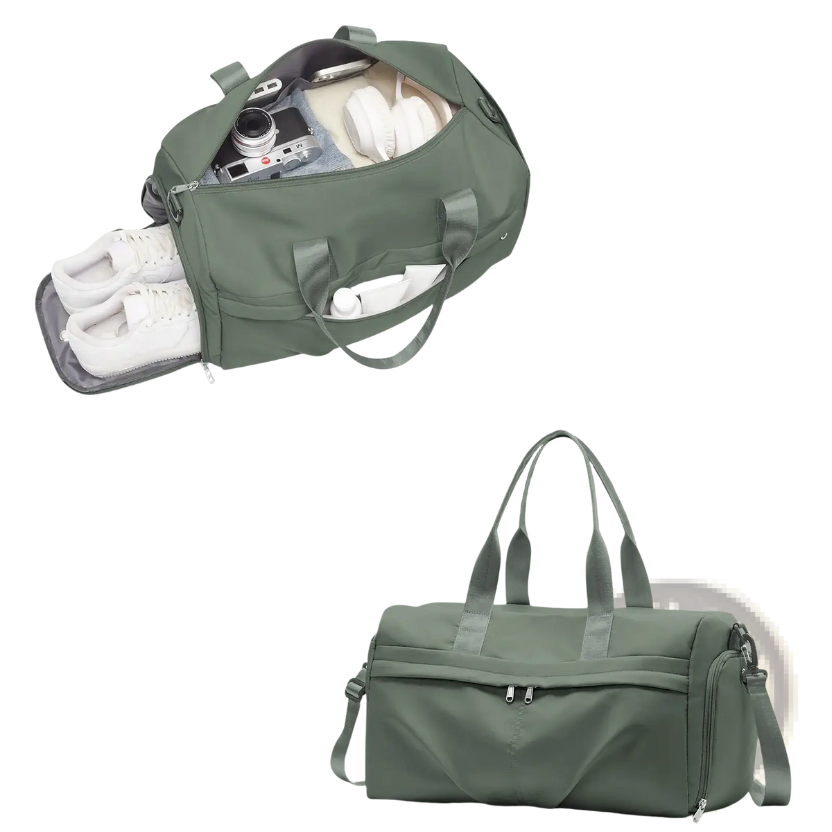 Olive green nylon gym bag with detachable shoulder strap and shoe compartment for organized storage