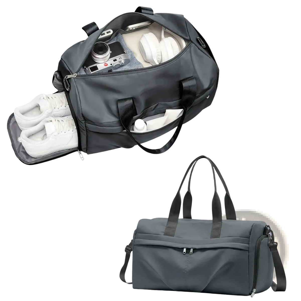 Black waterproof gym bag with multiple compartments and detachable shoulder strap for organized storage and easy carrying