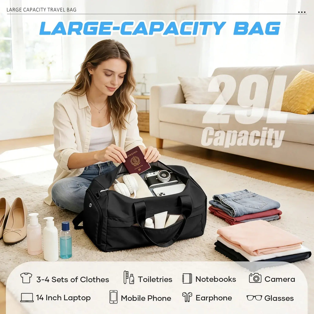 Black large-capacity waterproof gym bag with 29l capacity for clothes toiletries electronics and shoe compartment