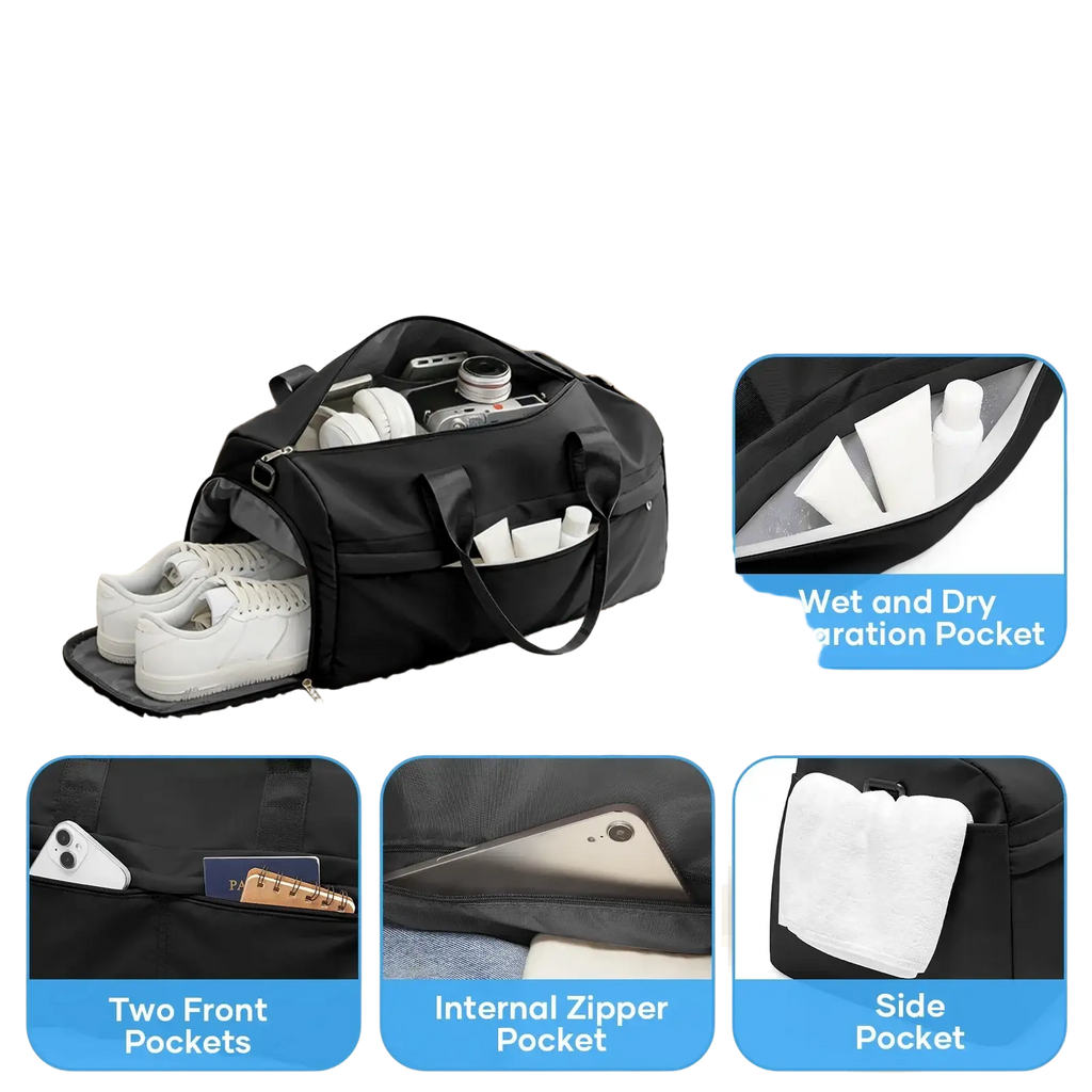 Black waterproof gym bag with shoe compartment featuring multiple pockets and wet and dry separation compartments