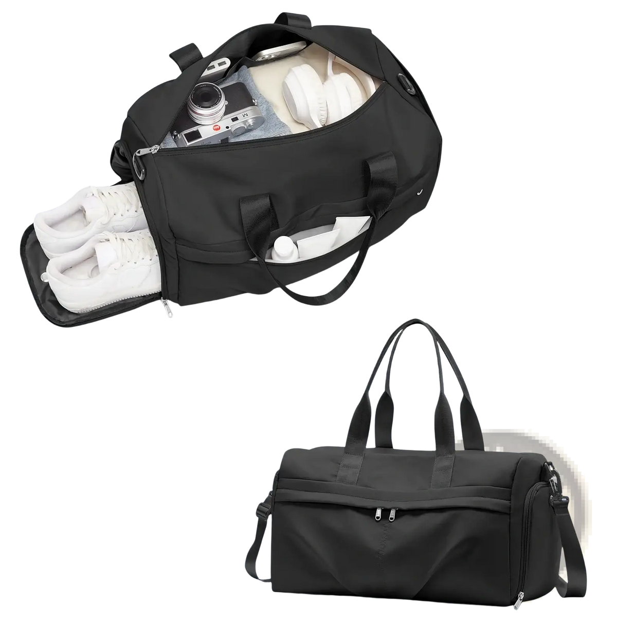 Black waterproof nylon gym bag with multiple compartments, detachable shoulder strap, and shoe compartment