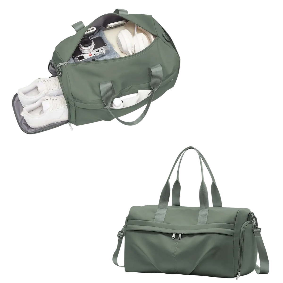 Olive green nylon gym bag with detachable shoulder strap and shoe compartment for organized storage