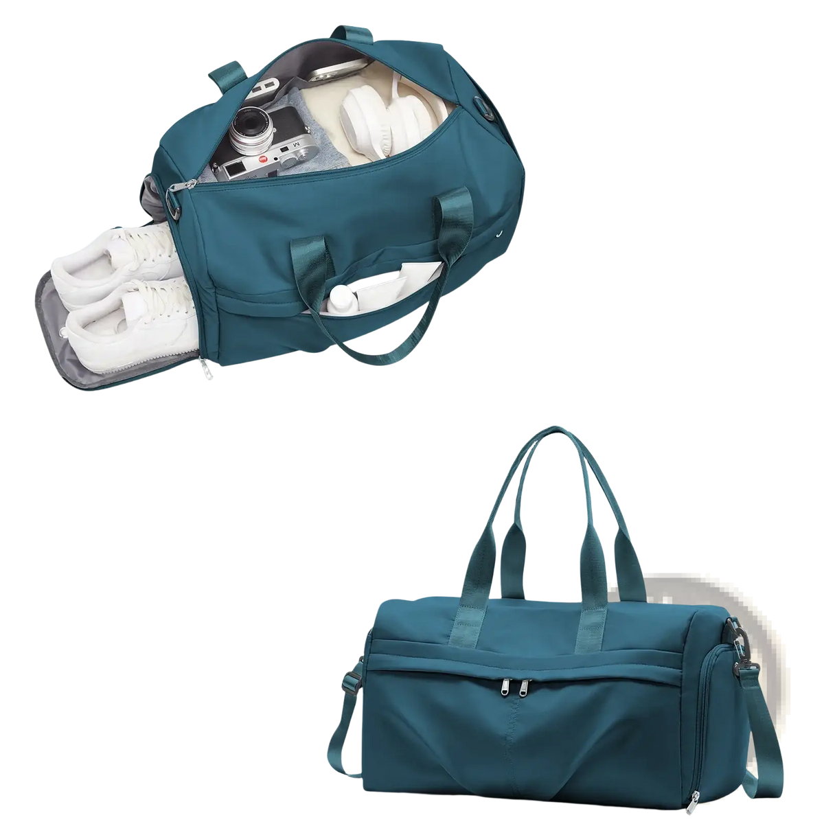Teal durable fabric gym bag with multiple compartments and detachable shoulder strap for versatile storage