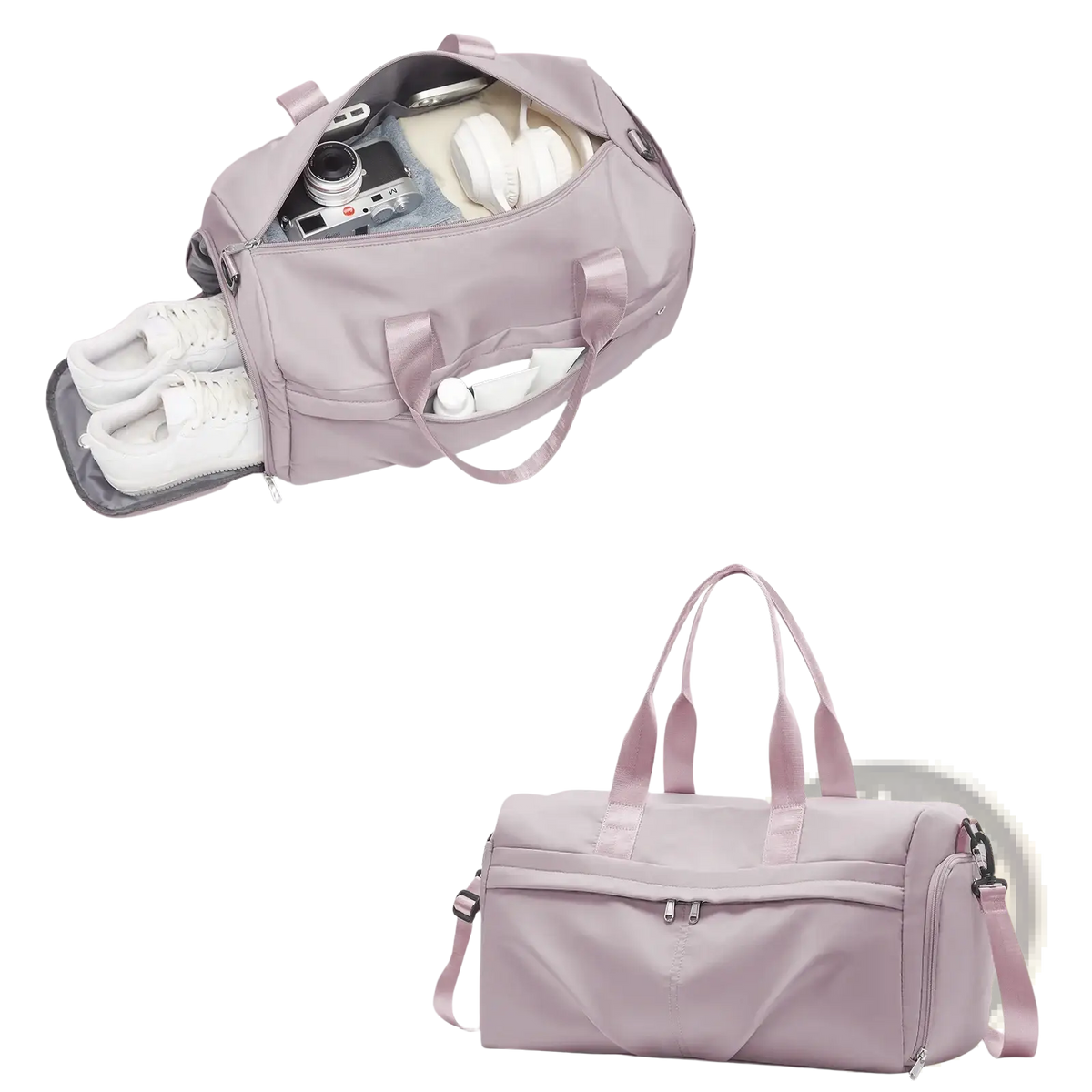 A soft lavender gym bag made of water-resistant fabric with detachable shoulder strap and shoe compartment
