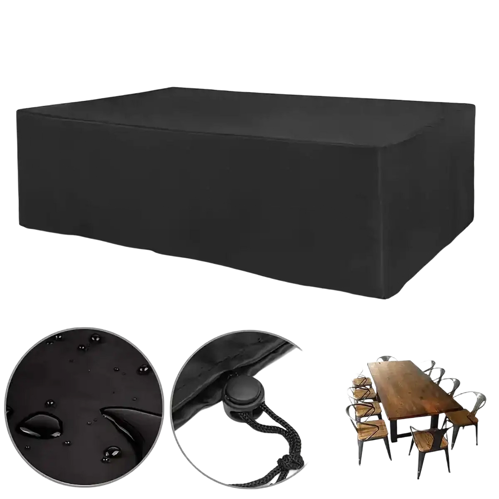Black waterproof patio furniture cover set with reinforced stitching and drawstring closure for outdoor use