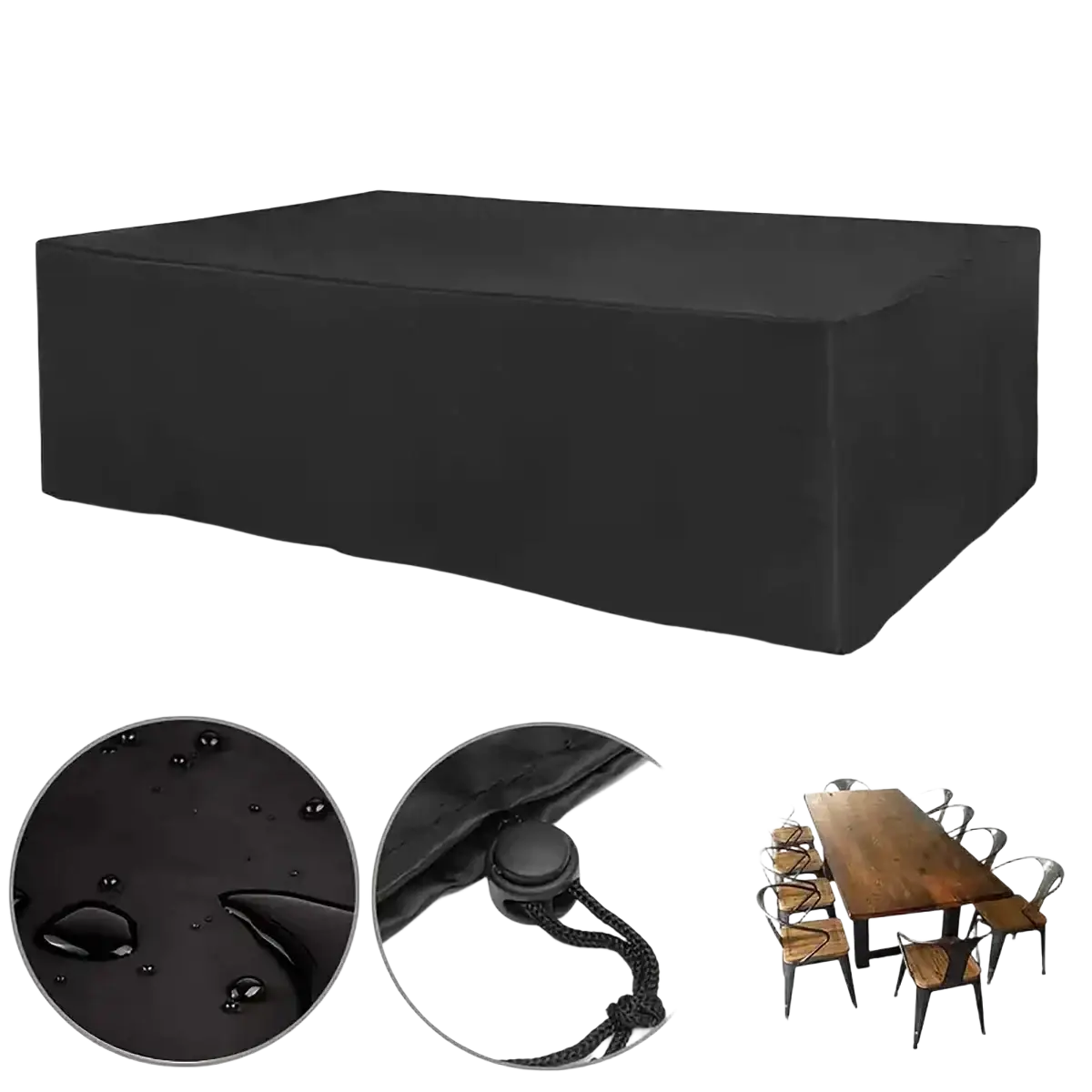 Black waterproof patio furniture cover set with reinforced stitching and drawstring closure for outdoor use