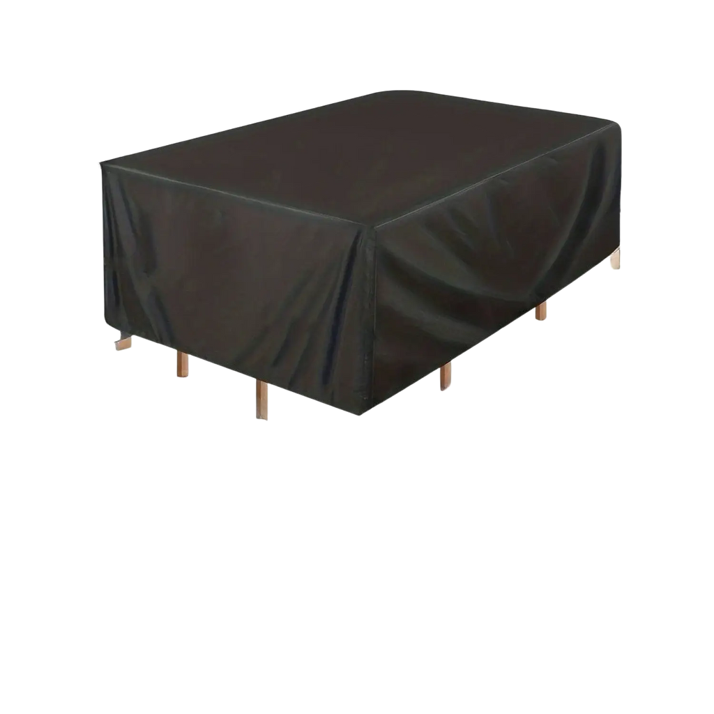 Black waterproof patio furniture cover set with smooth slightly reflective surface and durable material