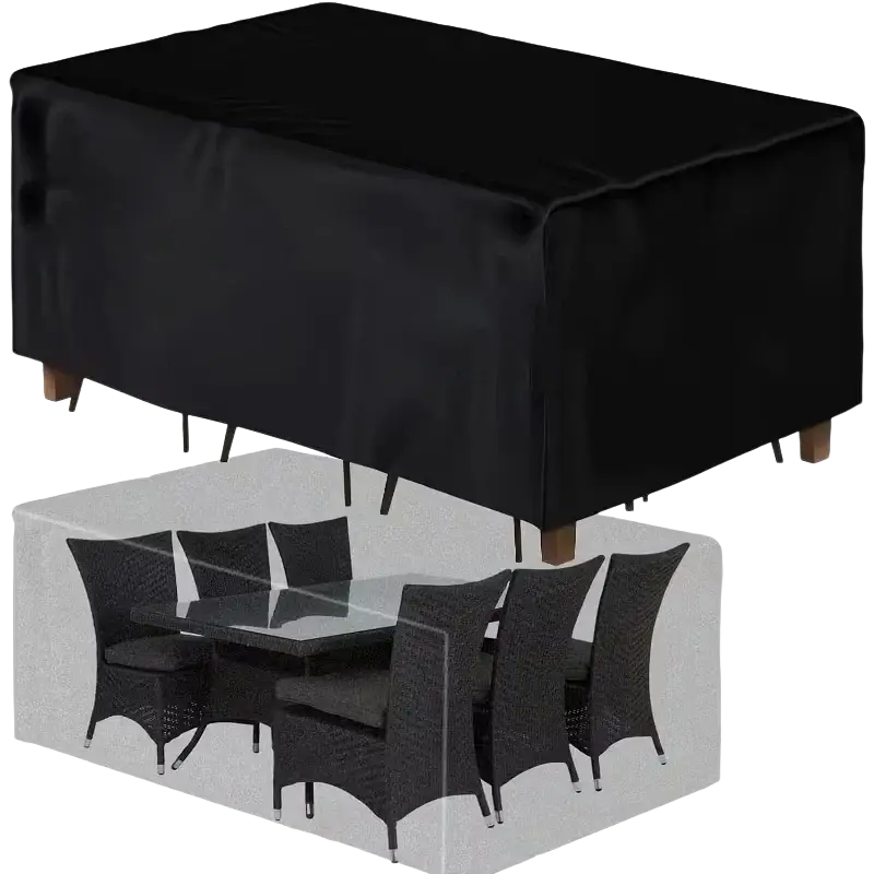 Black waterproof patio furniture cover set with reinforced seams and wooden leg protection for outdoor use