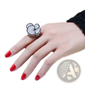 Black and white crystal statement flower ring featuring a sparkling silver cloud shape with black outline and pave stones
