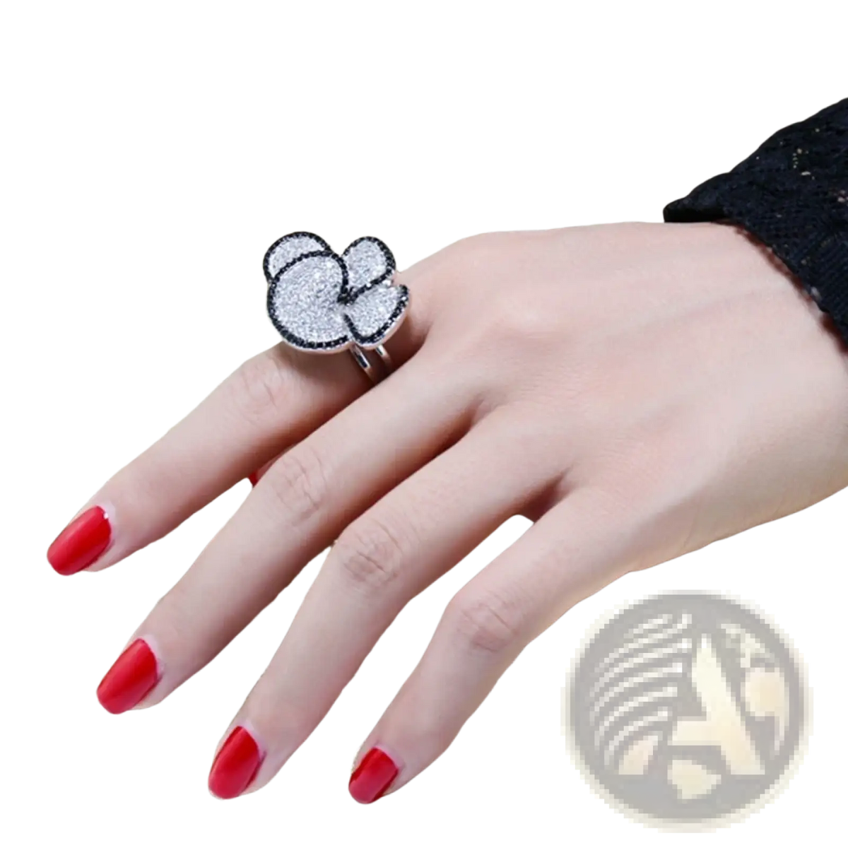Black and white crystal statement flower ring featuring a sparkling silver cloud shape with black outline and pave stones