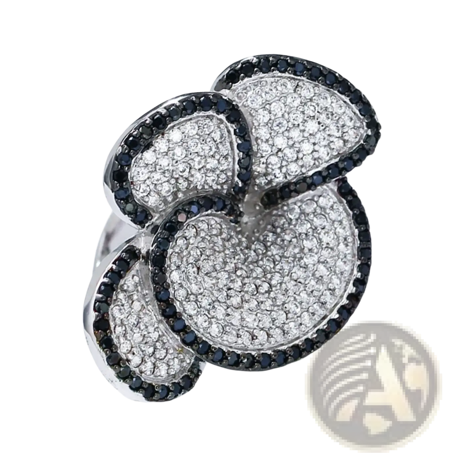 Black and white crystal statement flower ring with bold multi-layered pavé white and black diamonds on silver metal