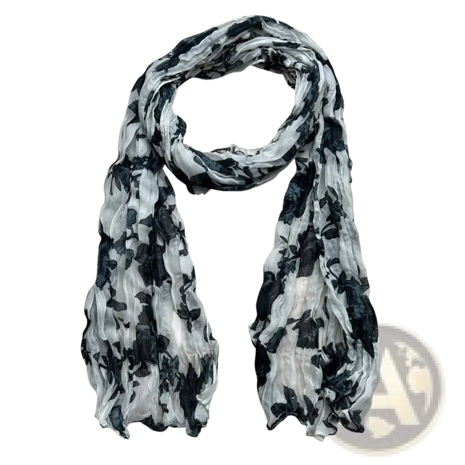 A lightweight sheer black and white floral crinkle chiffon scarf with a flowing pattern for elegant styling
