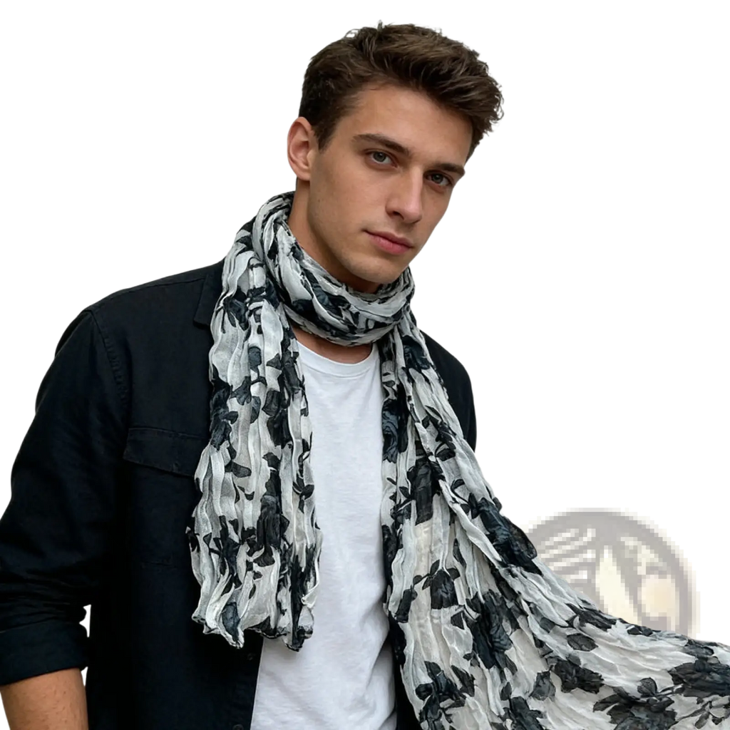 A lightweight black and white floral crinkle chiffon scarf draped around the neck showing its flowing texture