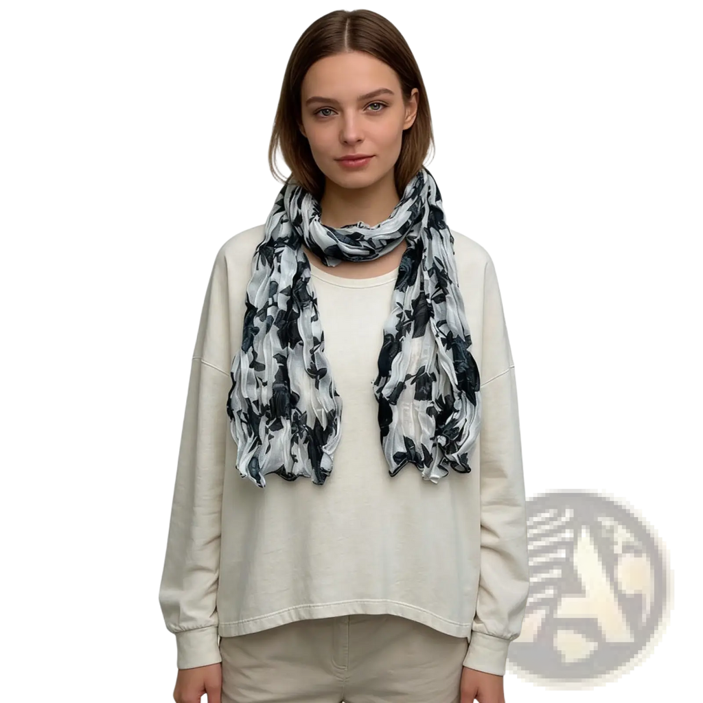 Black and white floral crinkle chiffon scarf with lightweight flowing fabric draped around the neck