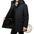 Black winter hooded coat with sleek modern design and quilted thermal lining for cold weather protection