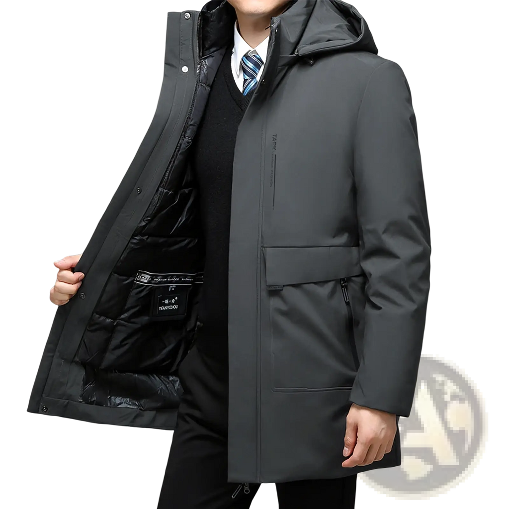 Dark gray hooded winter coat with quilted thermal interior and front zipper closure for cold weather use