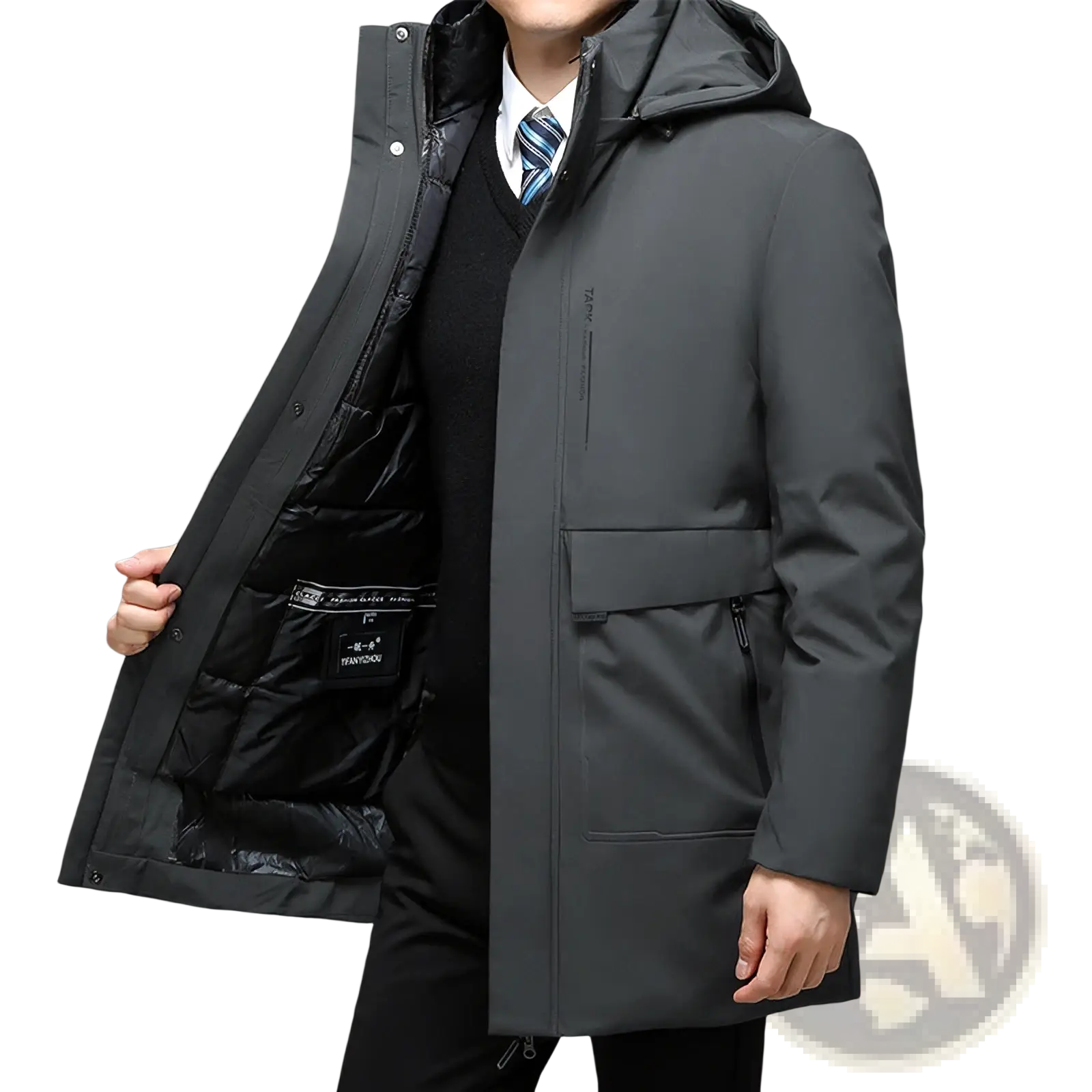 Dark gray hooded winter coat with quilted thermal interior and front zipper closure for cold weather use