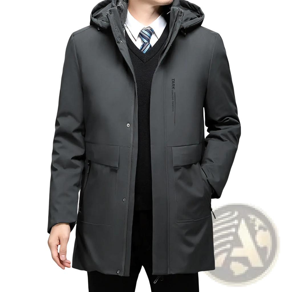 Dark gray hooded winter coat with a sleek modern design and subtle branding on the left chest for cold weather