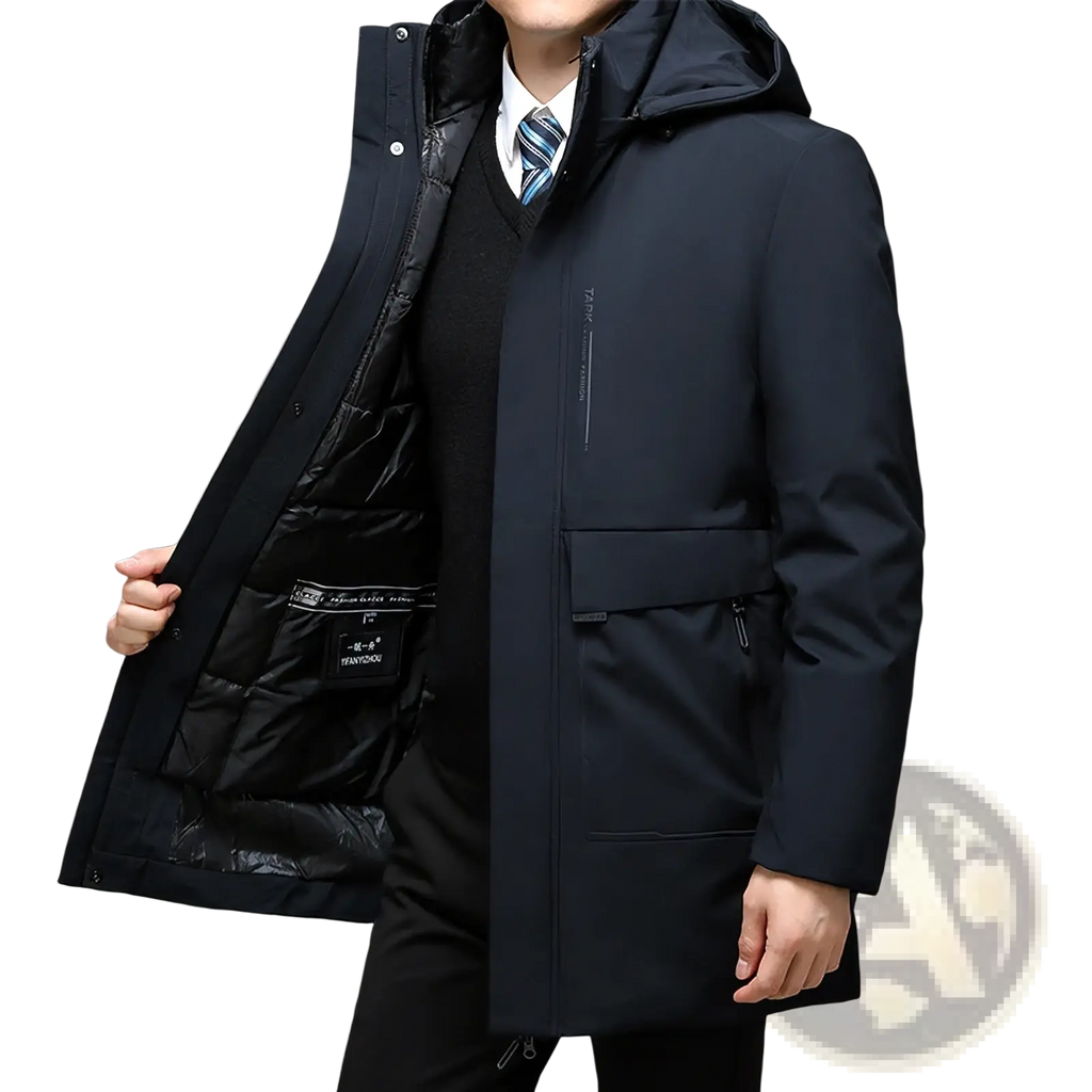 Black winter hooded coat with sleek modern design and quilted thermal lining for cold weather use
