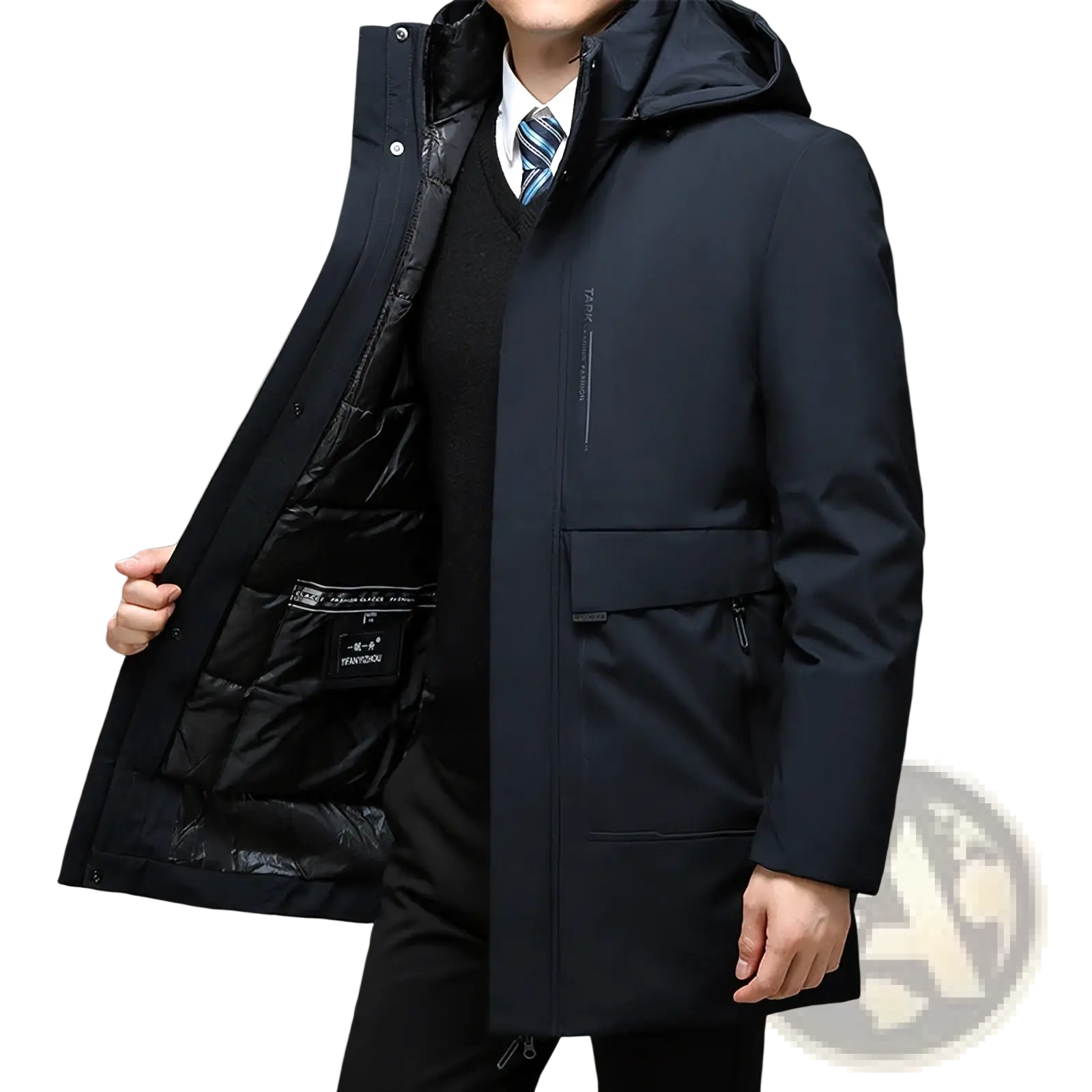 Black winter hooded coat with sleek modern design and quilted thermal lining for cold weather use