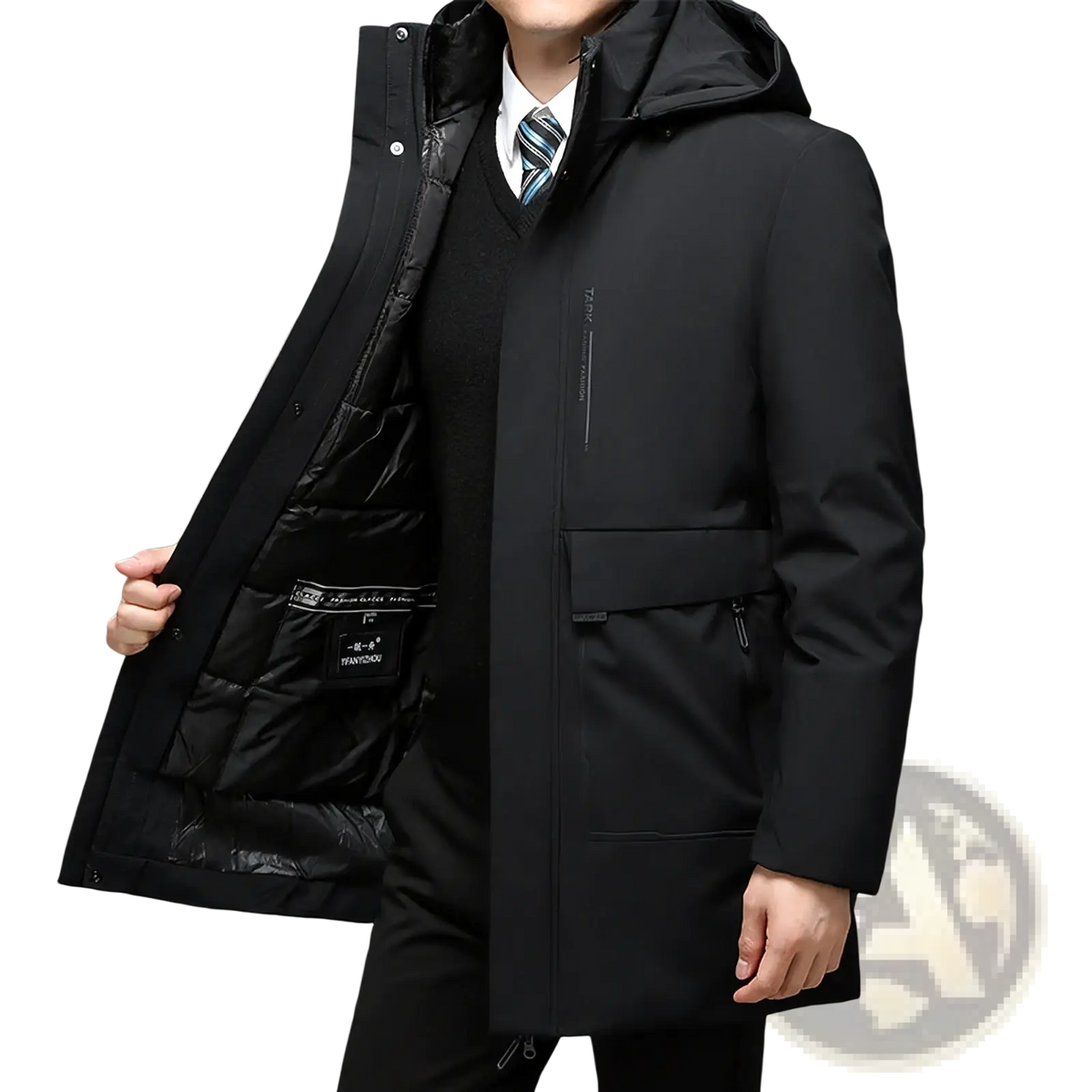 Black winter hooded coat with quilted thermal lining and sleek modern design for cold weather use