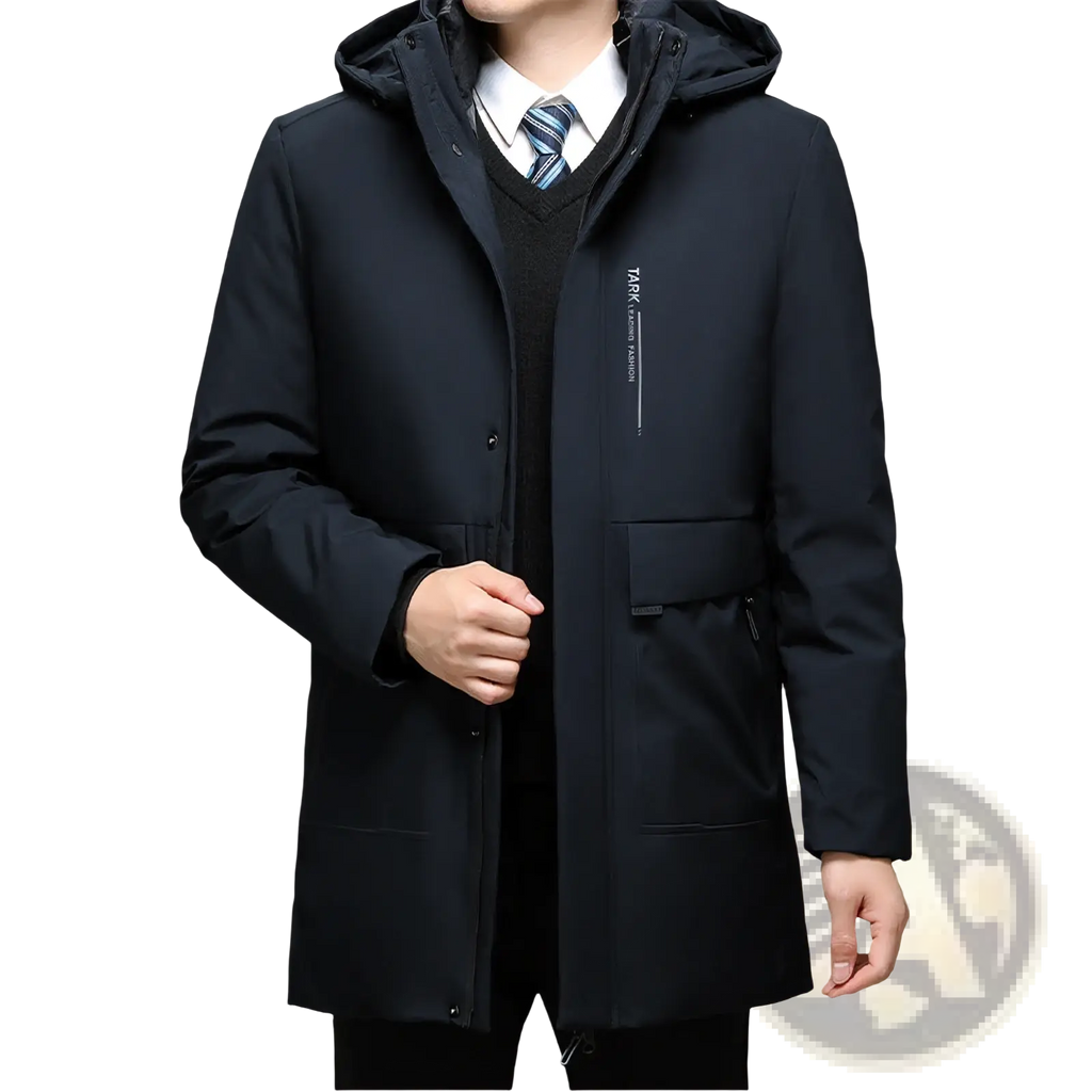 Black winter hooded coat quilted thermal jacket with sleek modern design and subtle vertical branding on left chest