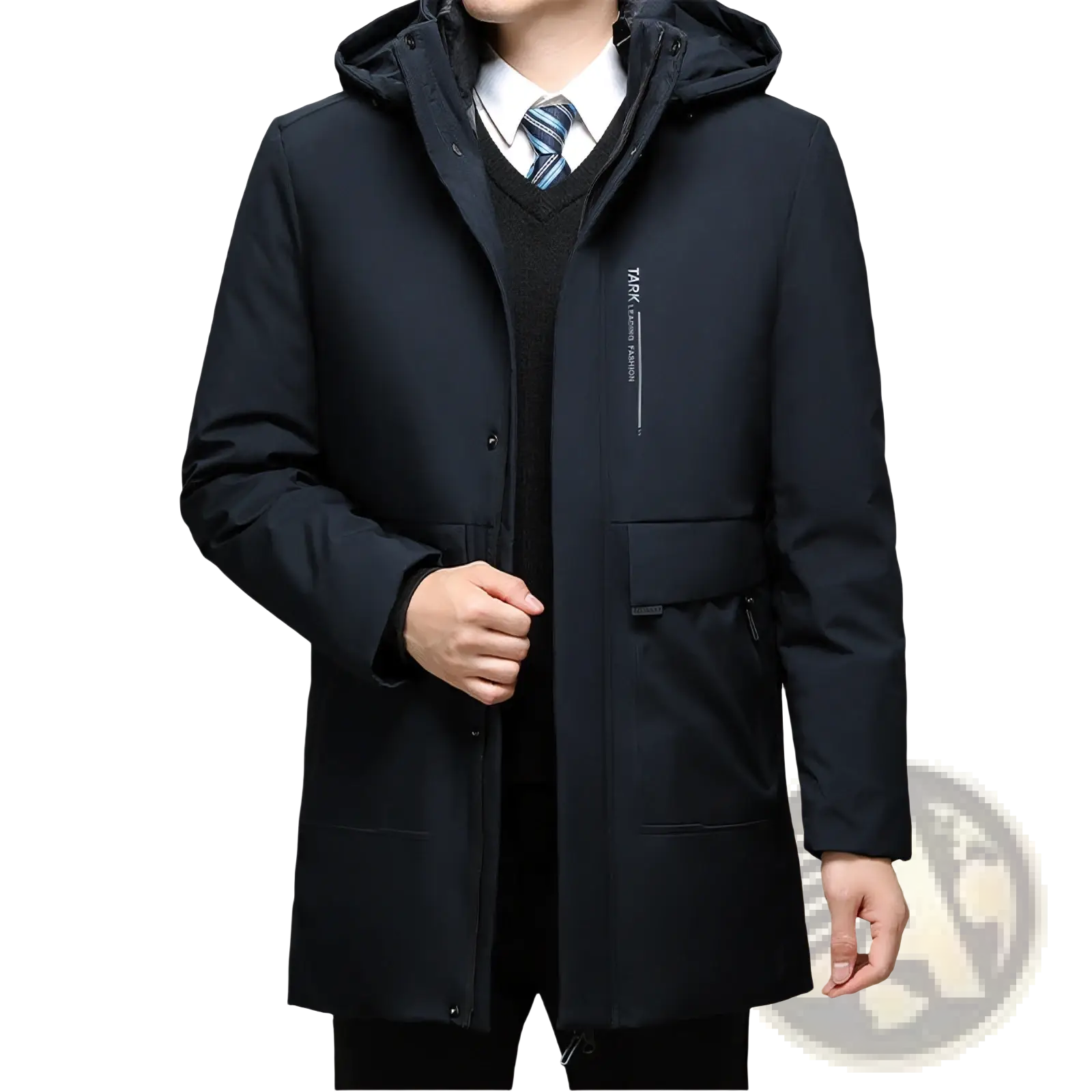 Black winter hooded coat quilted thermal jacket with sleek modern design and subtle vertical branding on left chest