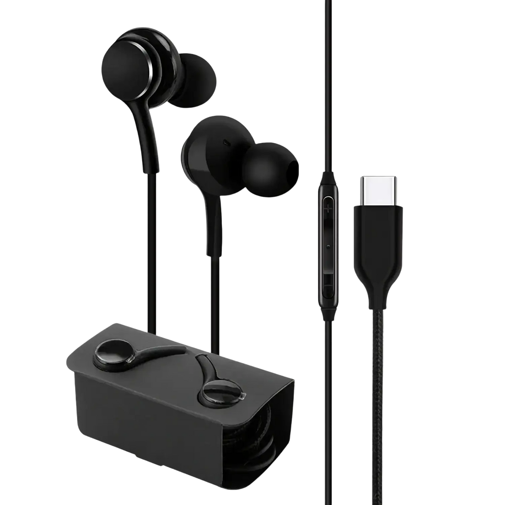 Black wired type-c in-ear earphones with usb-c charging cable and matching black carrying case displayed on white background