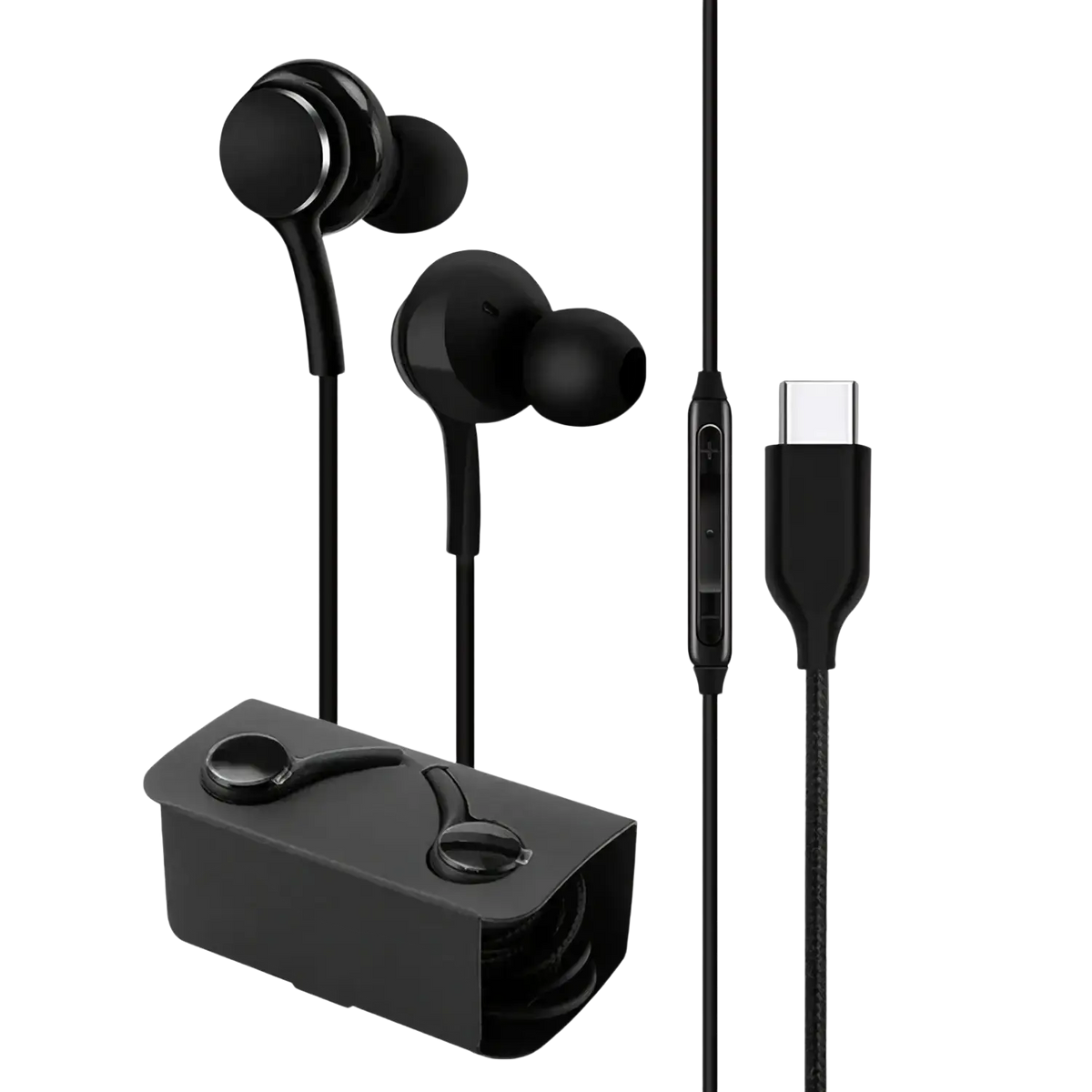 Black wired type-c in-ear earphones with usb-c charging cable and matching black carrying case displayed on white background