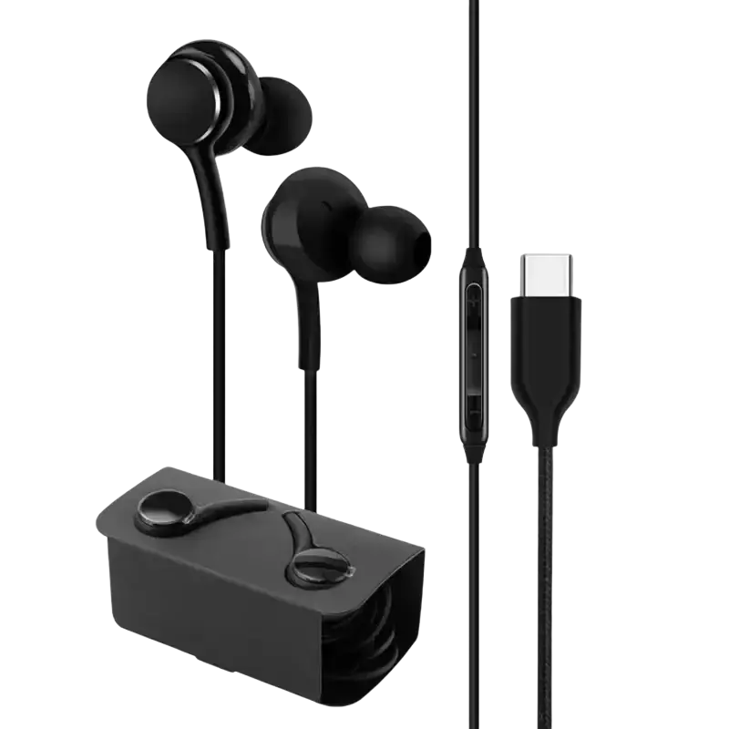 Black wired type-c in-ear earphones with usb-c cable and matching black charging case for wired audio use