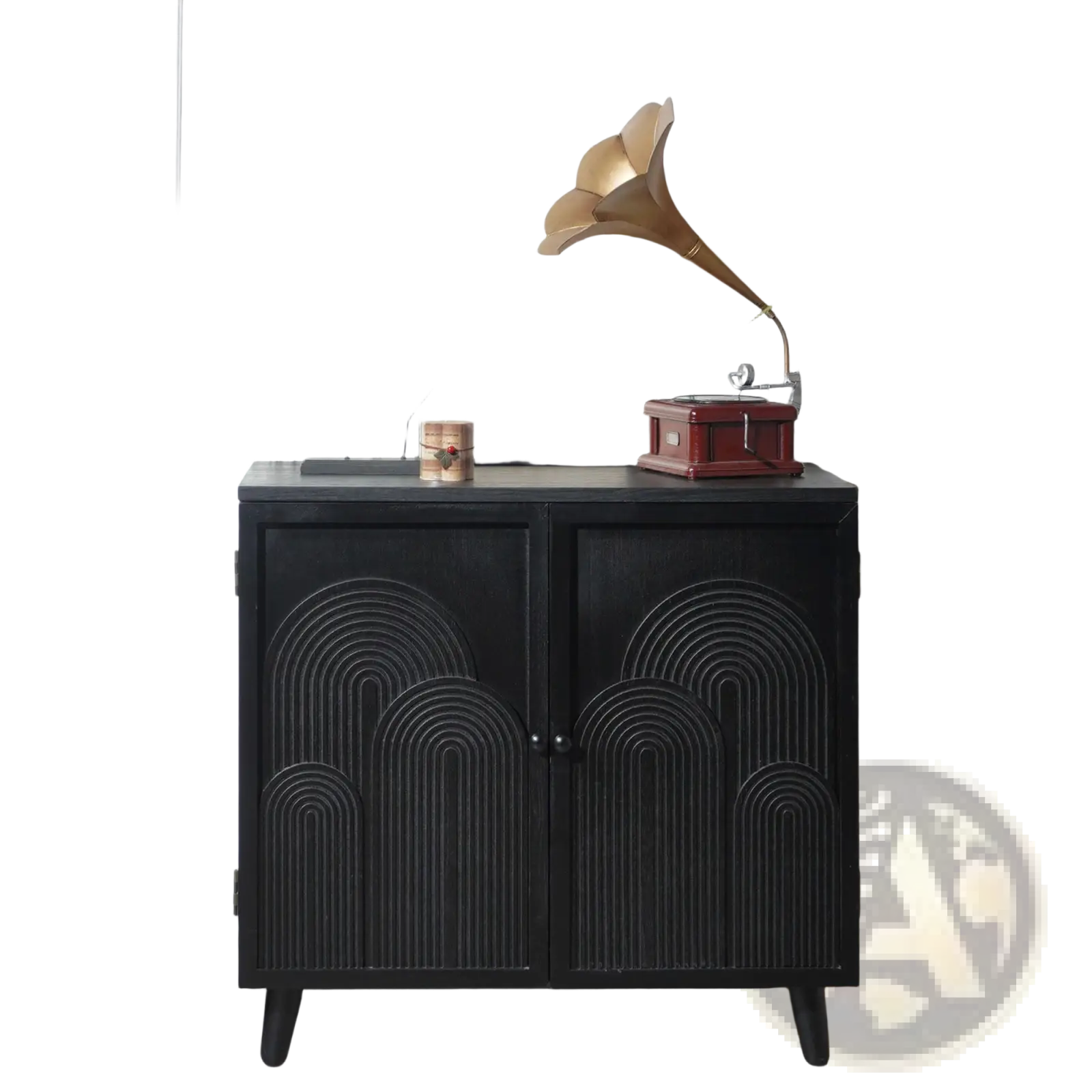 Black wood storage cabinet with arched concentric line carvings on doors and tapered legs 31in accent cabinet