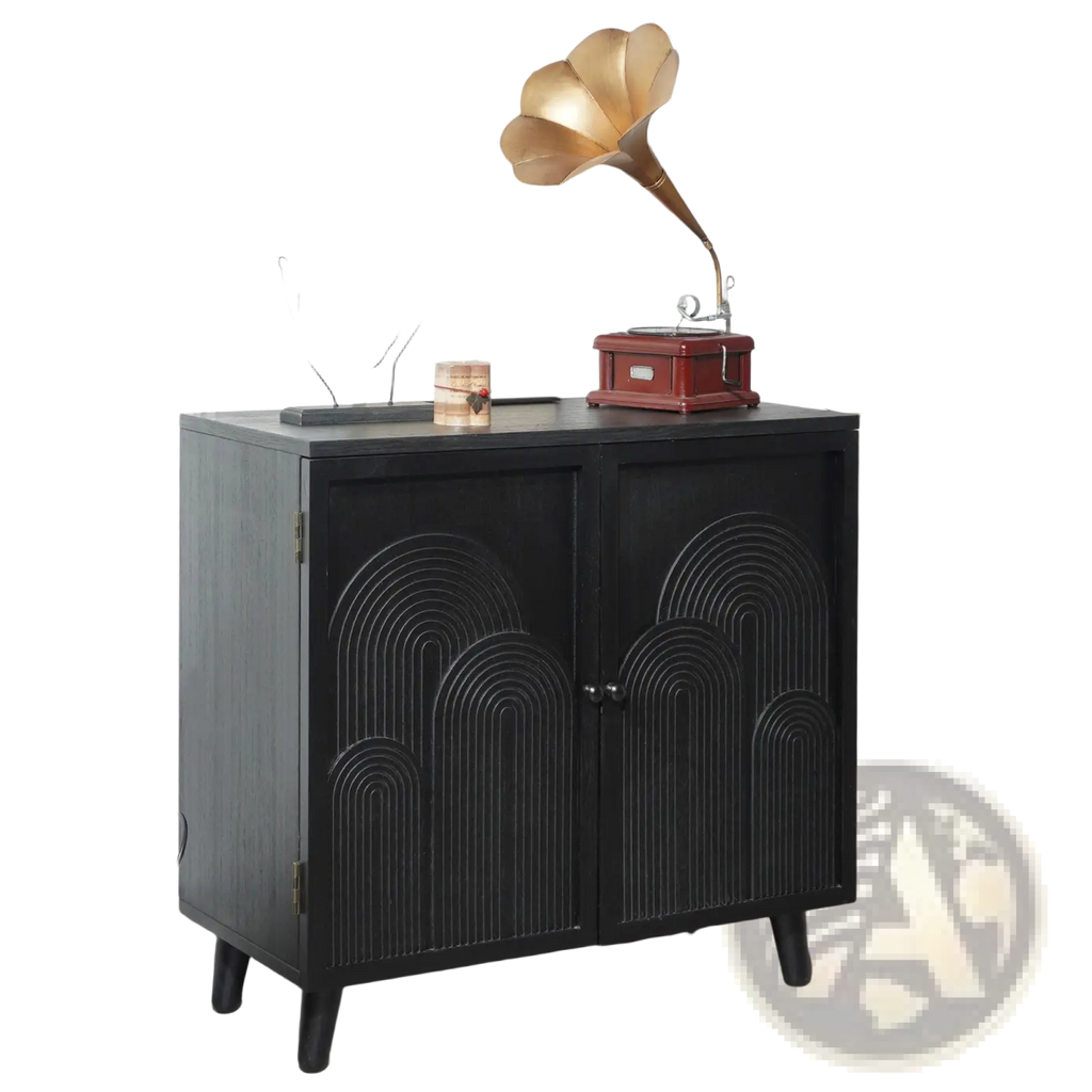 Black wood storage cabinet 31in with arched embossed panel design and tapered legs for home organization
