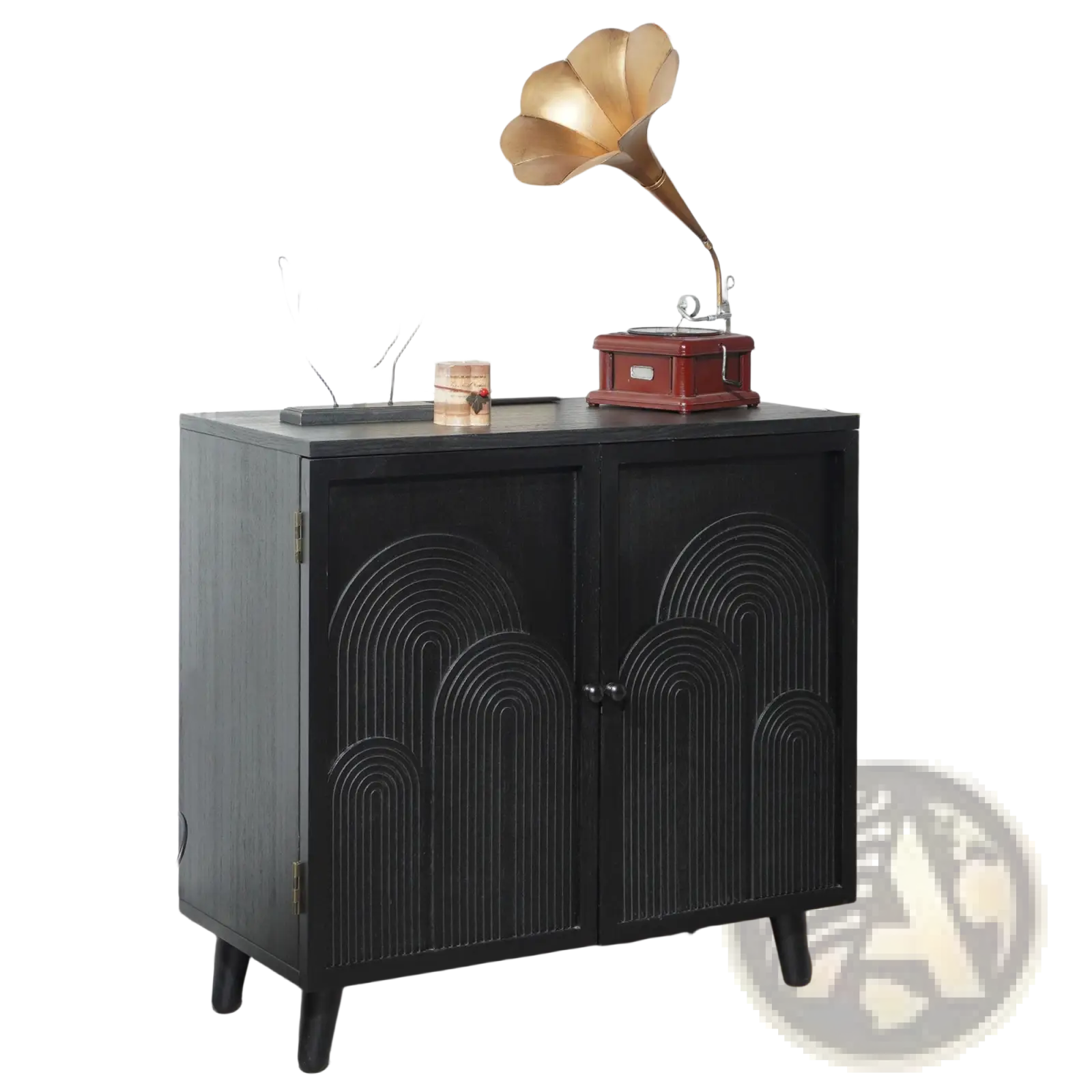 Black wood storage cabinet 31in with arched embossed panel design and tapered legs for home organization