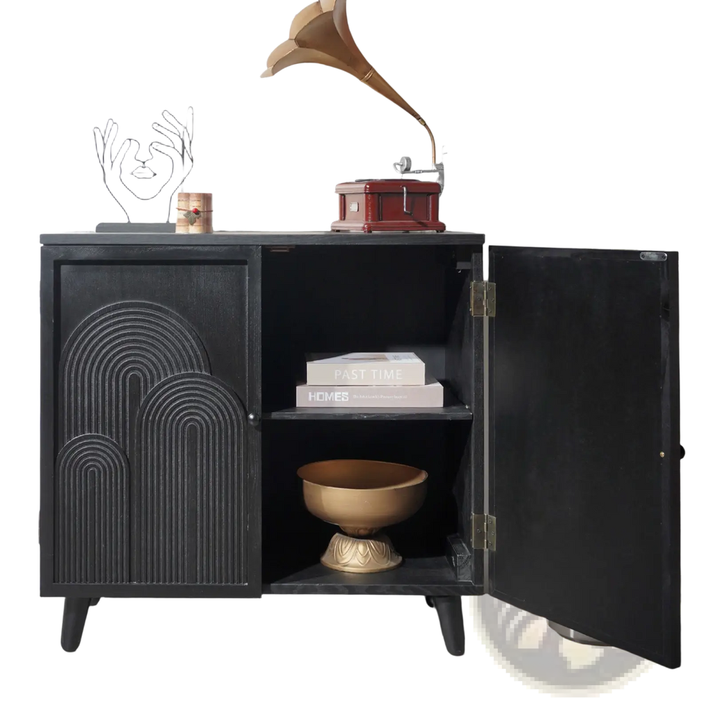 Black wood storage cabinet 31in with arched textured panel design and brass hardware for accent storage use